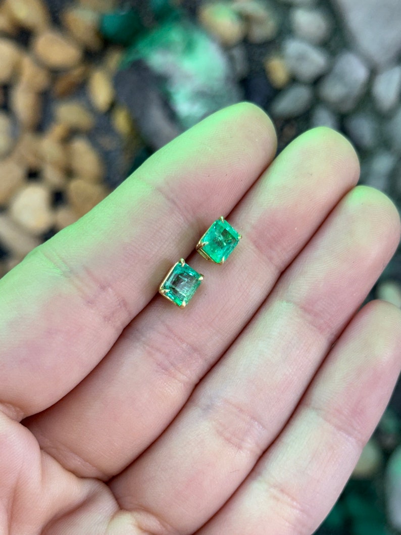 2.21tcw 18K Gold Vivid Green Emerald Cut Stud Earrings for Men & Women | Luxury Prong Set Gemstone Jewelry for Parties, Weddings & Special Occasions