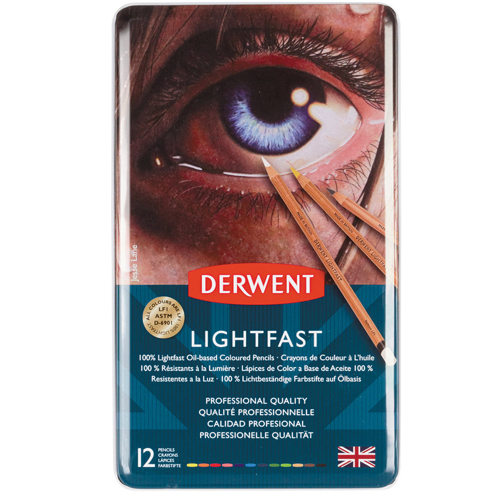 12-Pack Derwent Lightfast Oil-Based Colored Pencils for Professional Drawing & Coloring - Premium Artist Set in Metal Tin - Perfect for Sketching, Illustration, and Fine Art Projects