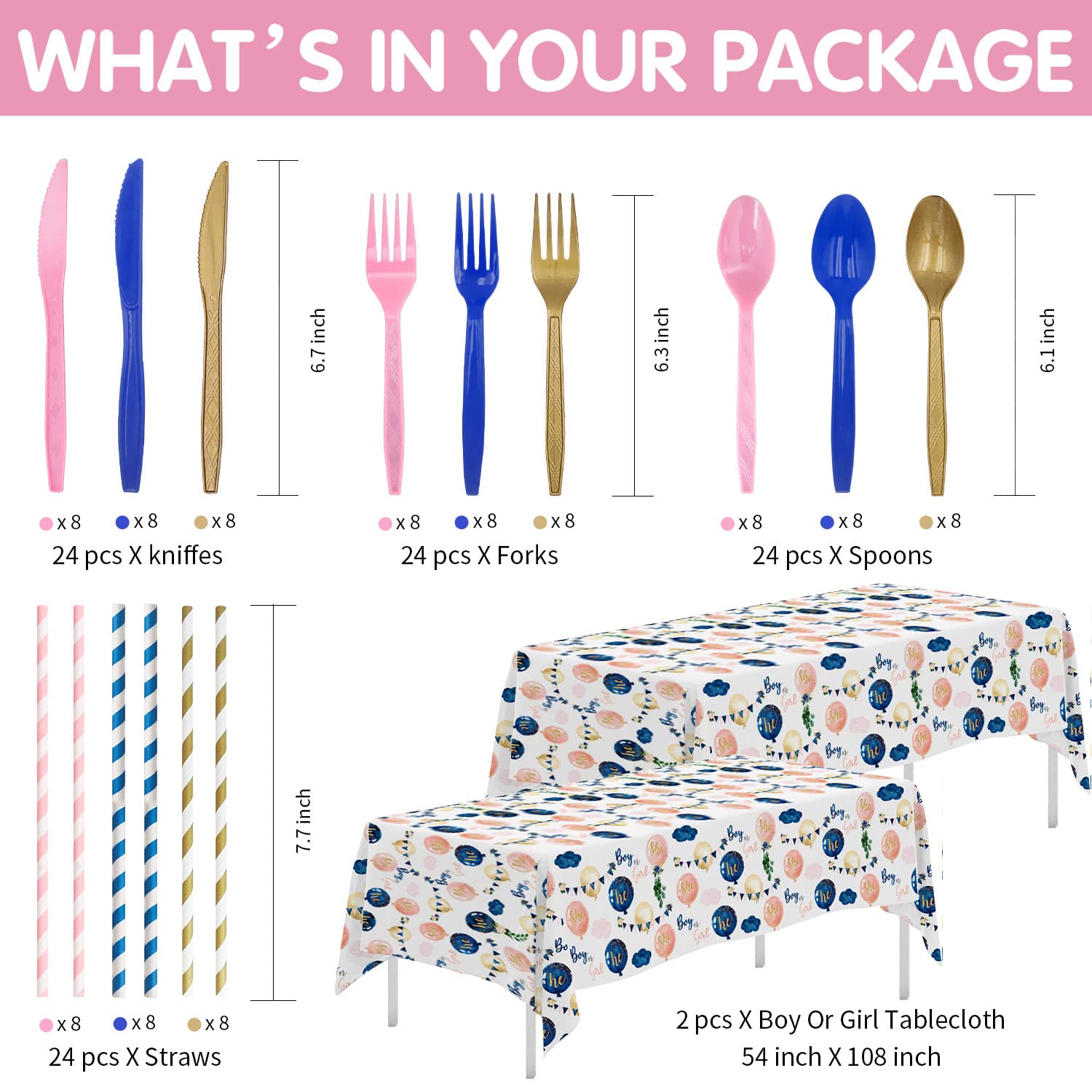 Xigejob Gender Reveal Party Decorations Set - Includes Plates, Cups, Napkins, Tablecloth, Cutlery & Straws for Boy or Girl Baby Shower | 24-Piece Tableware Kit for Gender Announcement Celebrations & Baby Shower Parties