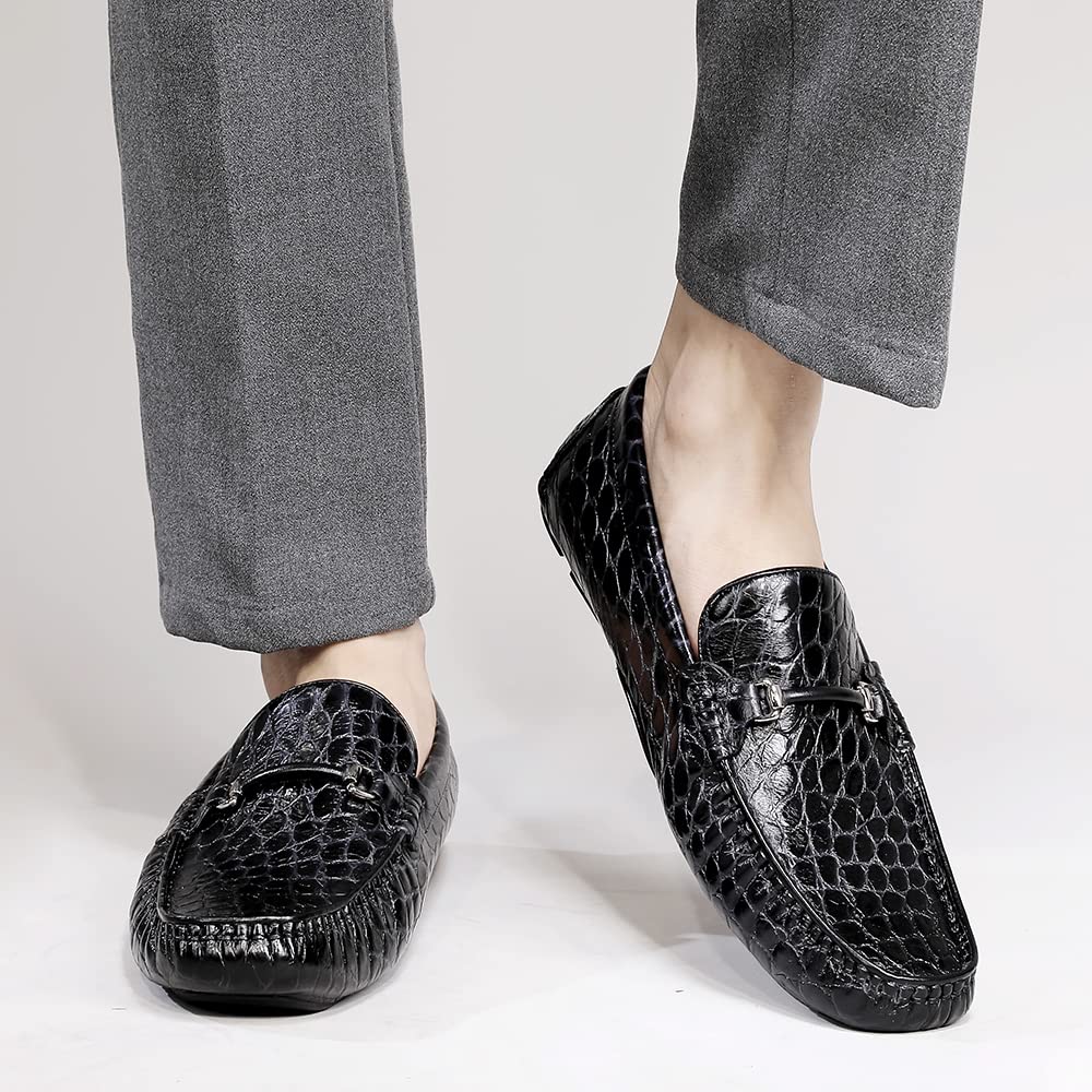 Men's Genuine Leather Driving Moccasins - Alligator Print Slip-On Penny Loafers - Comfortable Casual Shoes for Business, Travel & Daily Wear