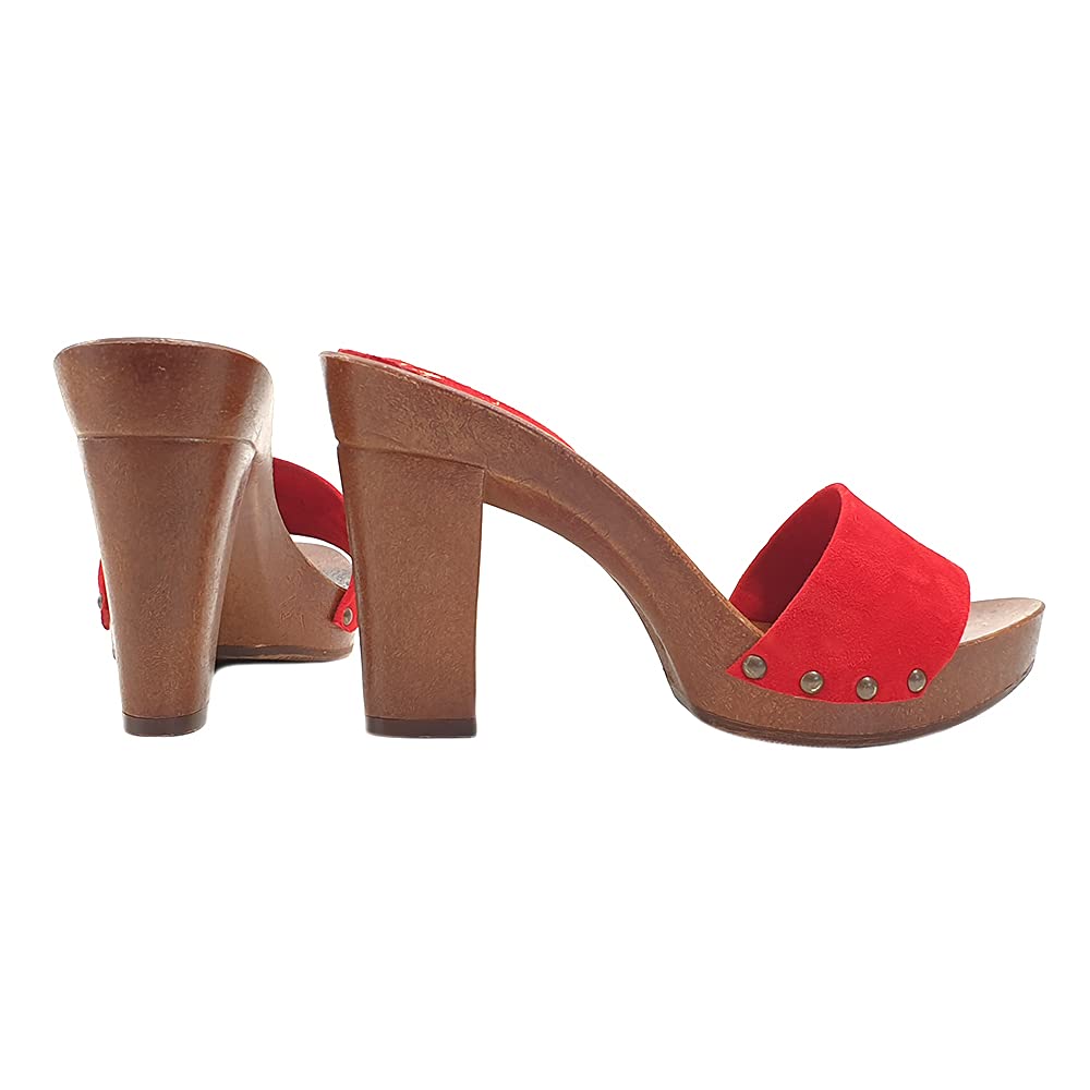 Red Suede Clogs with 10cm Heel - MY810 CAM ROSSO (US Size 5, Red) | Comfortable Women's Shoes for Casual Wear, Office & Outdoor Activities