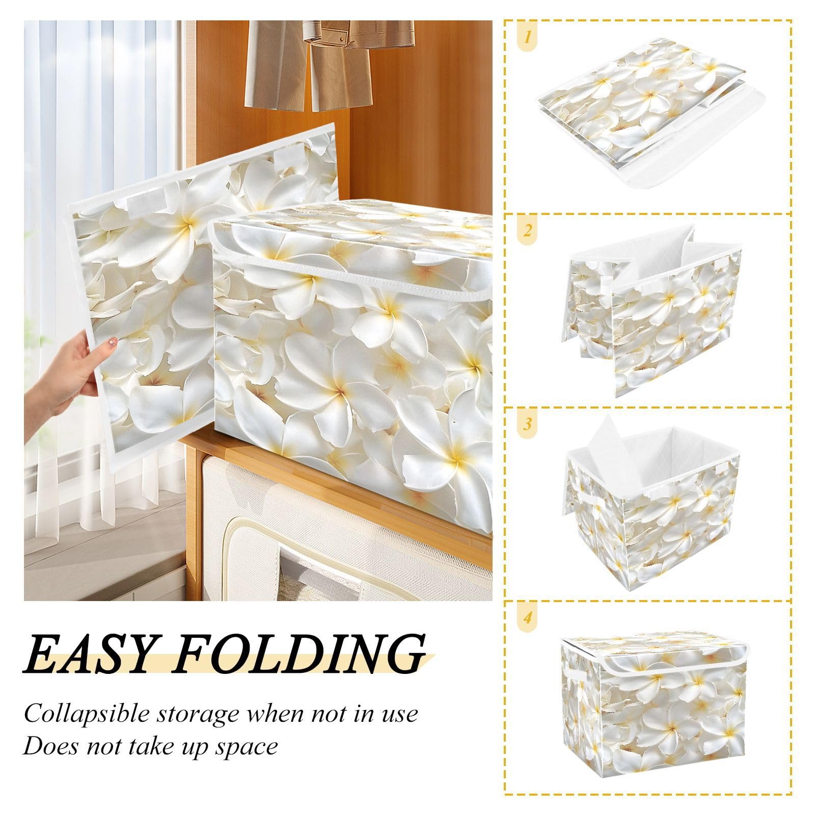 Beautiful Jasmine Petals Fabric Foldable Storage Bins with Lids - Collapsible Organizer Containers for Home, Bedroom, Closet & Office | Perfect for Clothes, Toys & Home Organization
