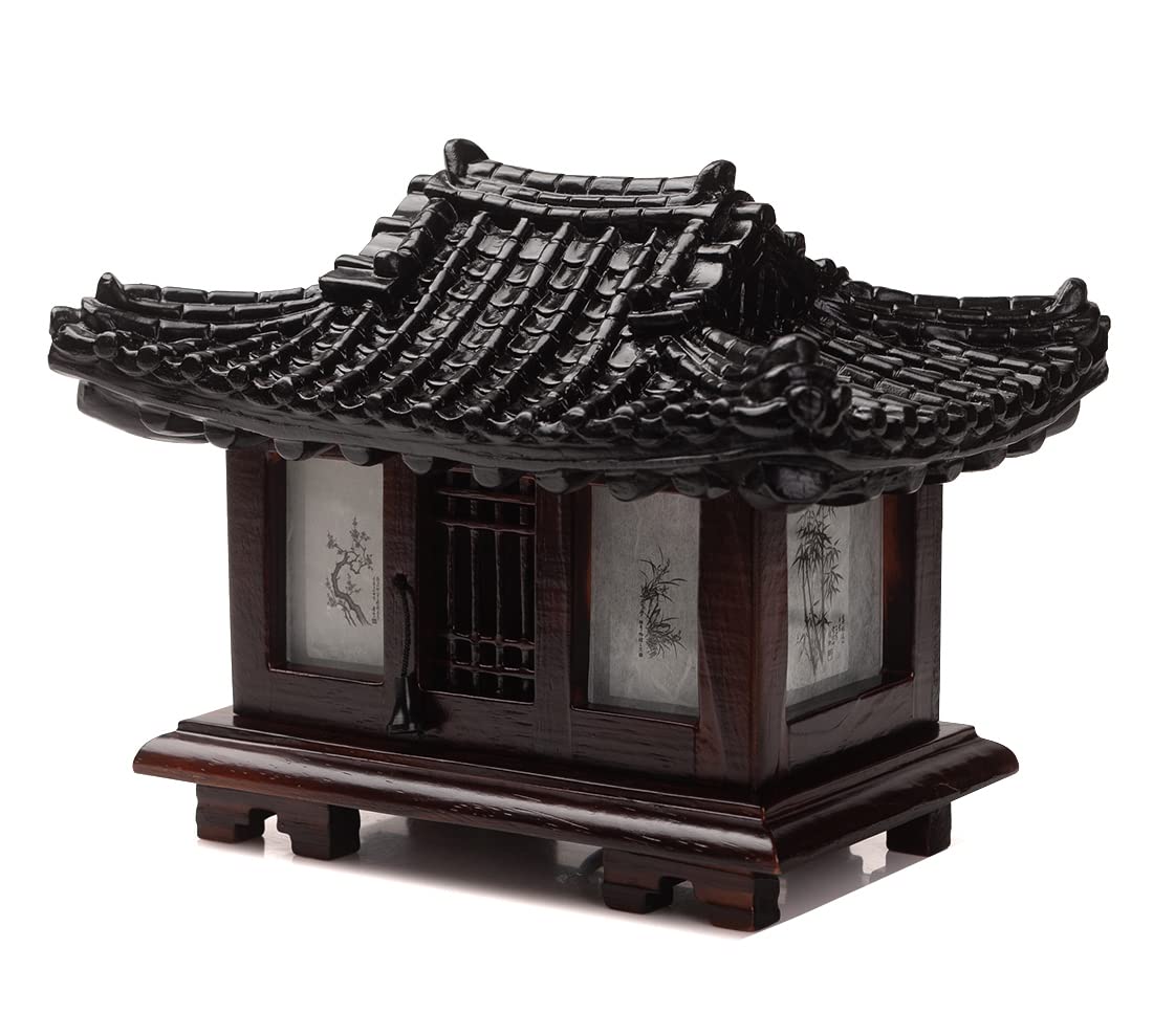Handmade Antique Korean Hanok Pagoda Table Lamp - Traditional Wood Carved Art Deco Lantern for Bedroom, Living Room & Office Decor - Asian Inspired Brown Oriental Lighting with Pavilion Design