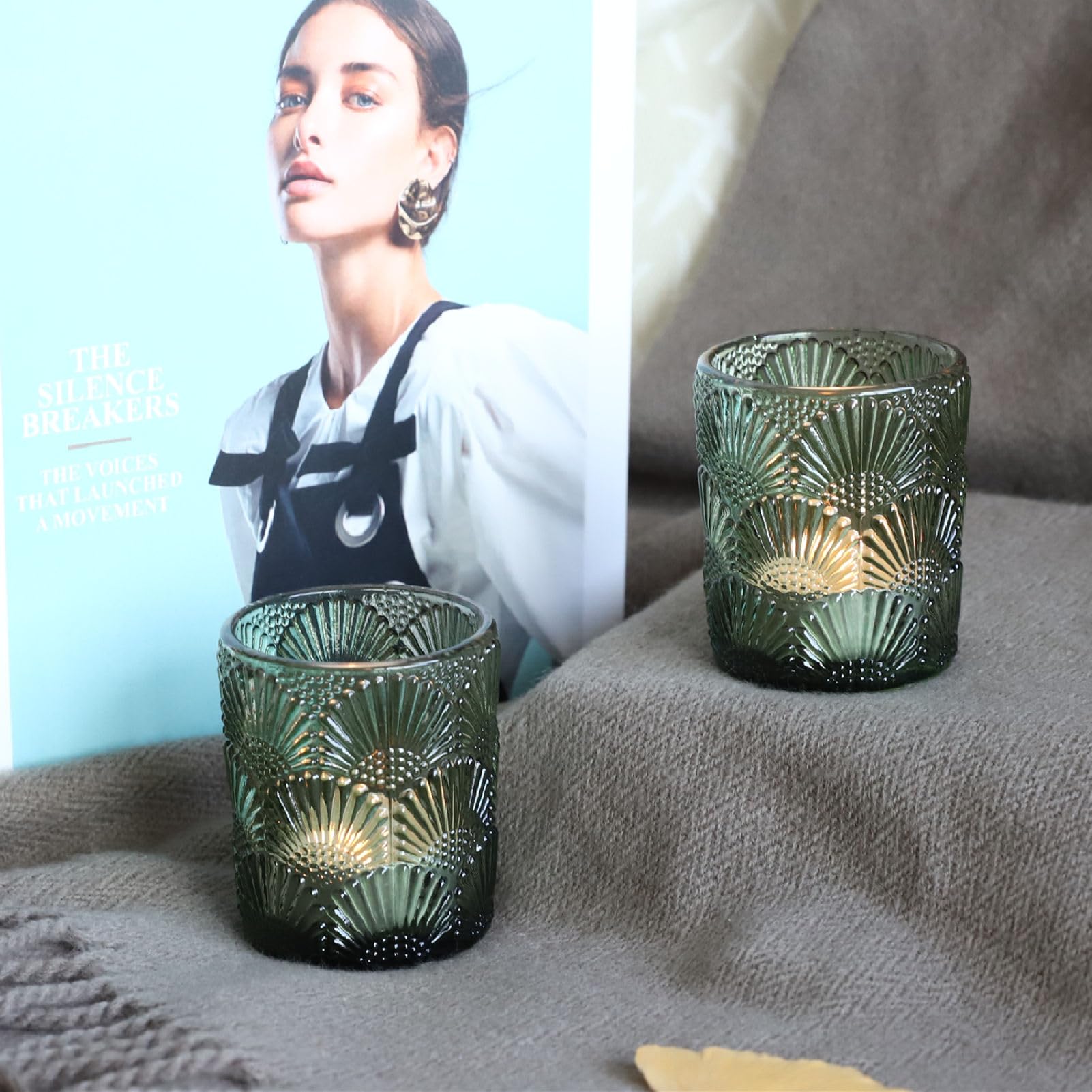 Woho Set of 12 Green Glass Votive Candle Holders - Tealight Candle Holders for Wedding Centerpieces, Fall Decor, Thanksgiving & Christmas Table Decorations - Perfect for Romantic Dinners, Holiday Parties & Home Ambiance