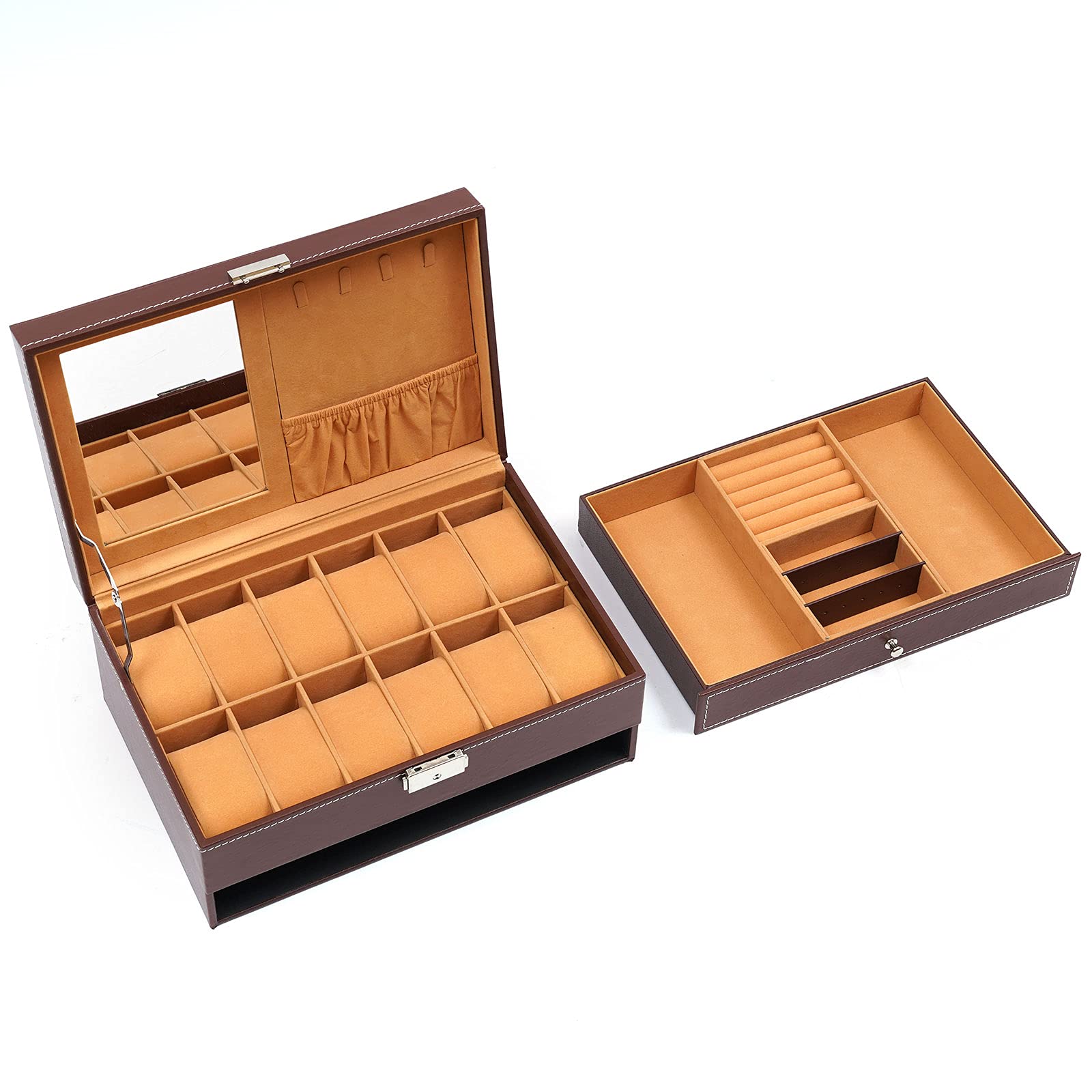 Premium 12-Slot Dark Red Leather Watch Box Organizer with Mirror & Metal Buckle - Double Tier Jewelry Storage Case with Soft Velvet Lining - Perfect for Watch Collectors & Luxury Gift Giving