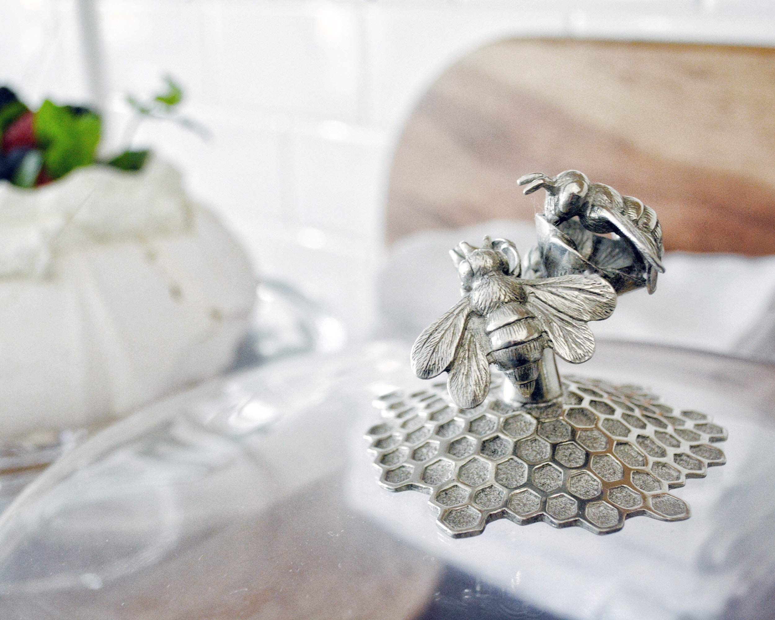 Handblown Glass Cake Stand with Dome Cover & Pewter Honey Bee Knob - 13