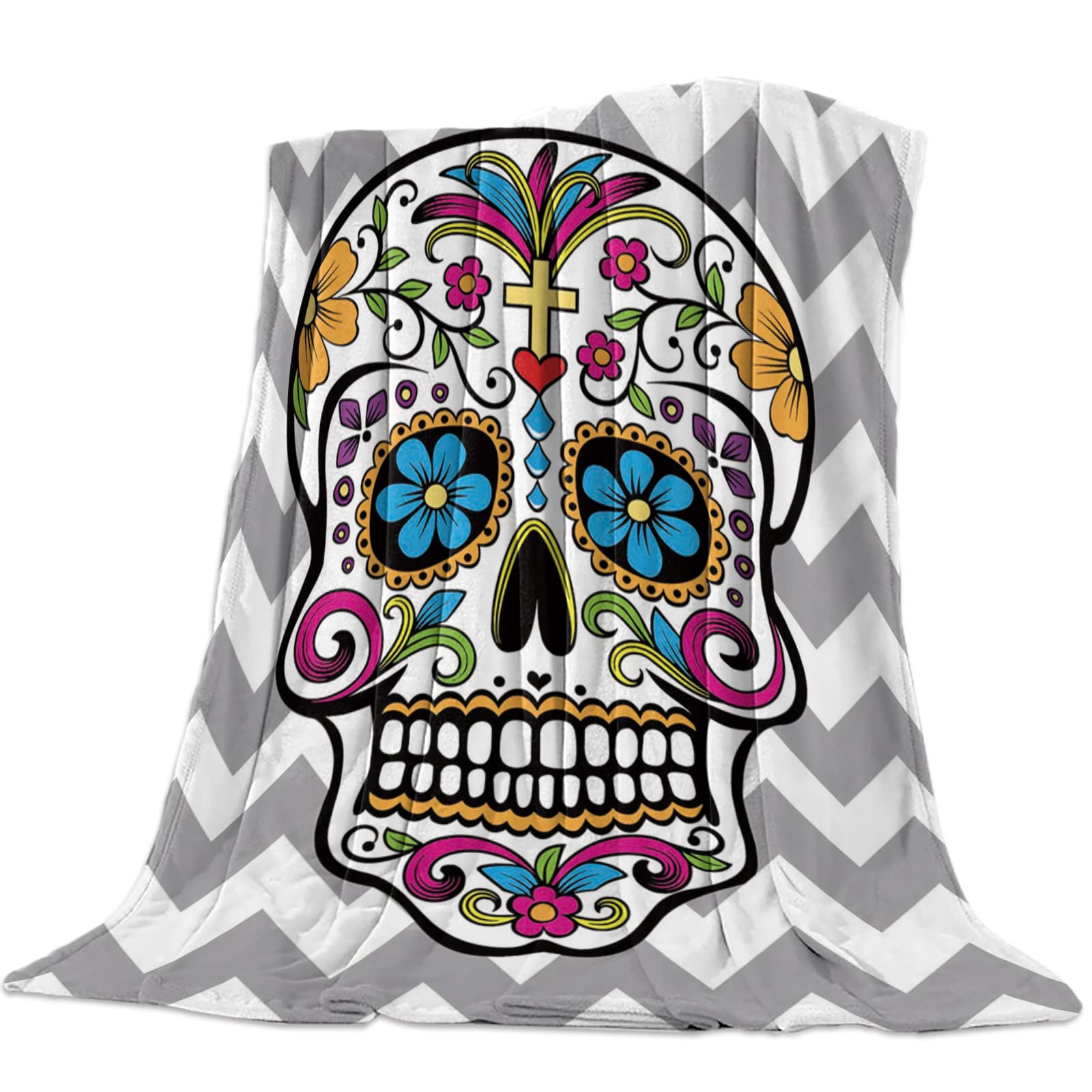 **SODIKA Luxury Flannel Fleece Microfiber Throw Blanket - Chevron Sugar Skull Design, 50