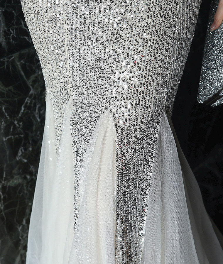 Elegant V-Neck Sequined Mermaid Fishtail Maxi Evening Dress for Women - Perfect for Prom, Wedding, and Formal Events