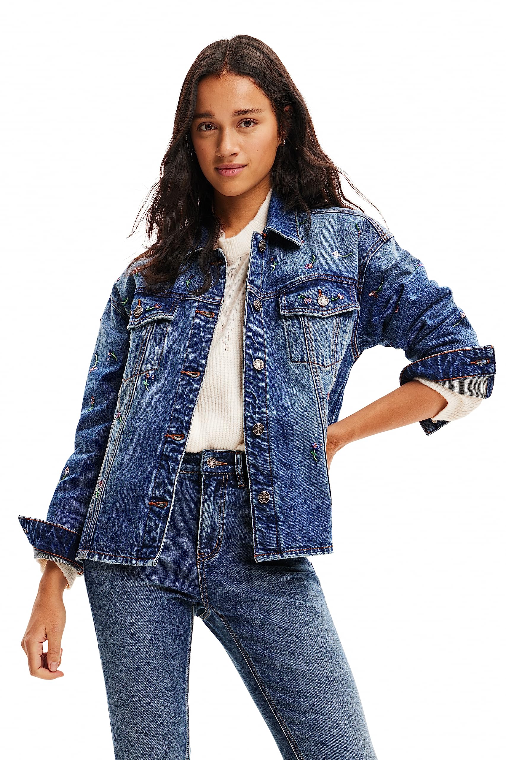 Desigual Women's Denim Jacket - Stylish Distressed Trucker Jacket for Women | Perfect for Casual Outings, Music Festivals & Streetwear Fashion