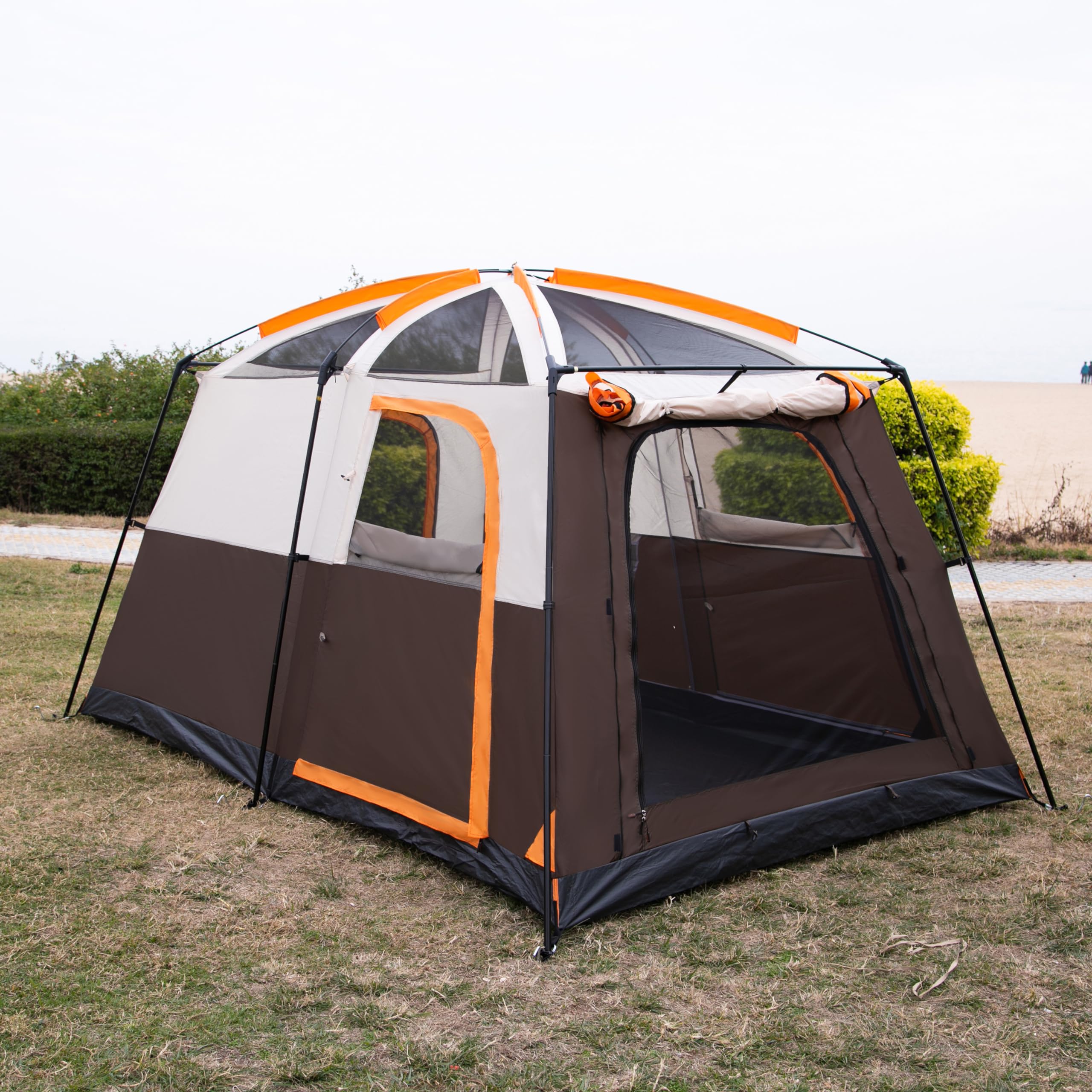 KTT 6-10 Person Large Family Cabin Tent - Waterproof Straight Wall Camping Tent with 3 Doors & 3 Mesh Windows - Spacious Outdoor Tent for Picnics, Camping Trips, Family Gatherings & Backyard Parties