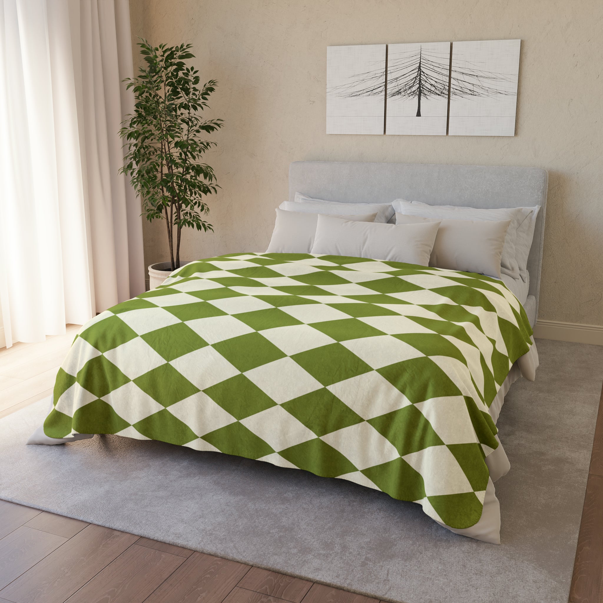 Cozy Fleece Sherpa Blanket - Green Harlequin Pattern Retro Throw Blanket for Couch, Bed & Travel - Soft Warm Plush for Winter, Camping & Home Decor