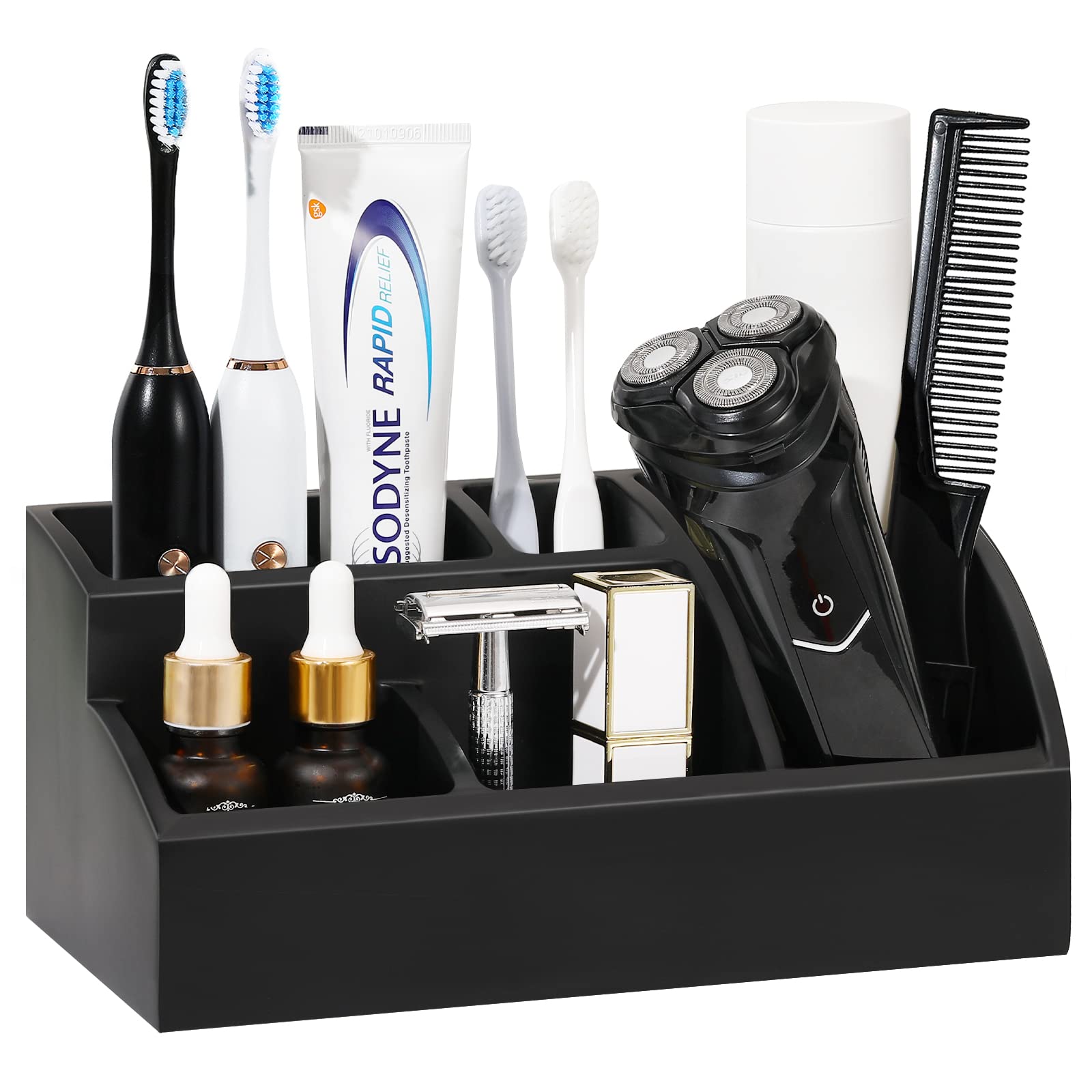 Luxspire 5-Slot Toothbrush Holder & Bathroom Counter Organizer - Marble Bathroom Storage for Toothbrush, Toothpaste & Essentials - Matte Black - Perfect for Vanity, Sink & Countertop Organization