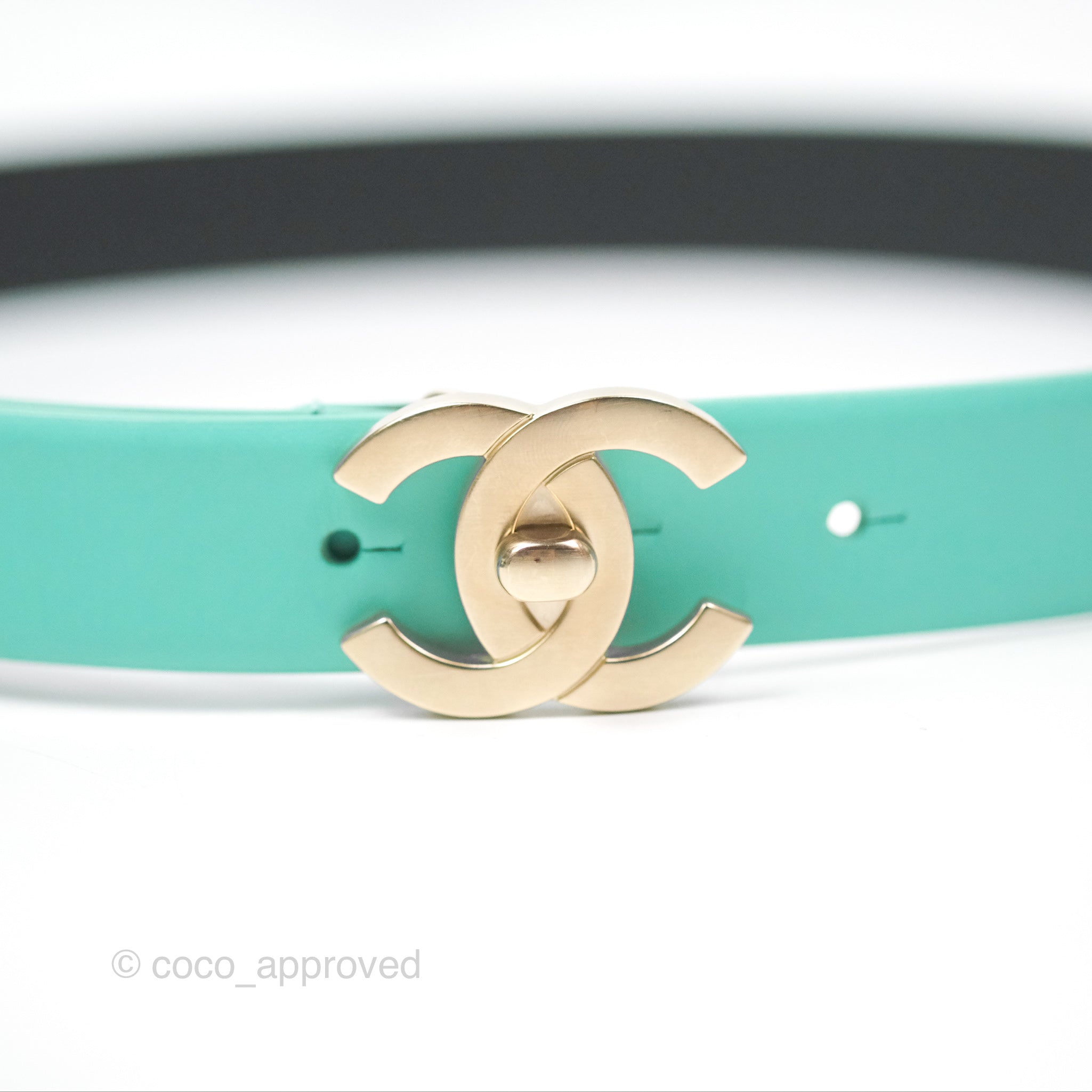 Authentic Chanel Calfskin CC Turn Lock Belt in Turquoise - 18C Collection | Luxury Women's Fashion Accessory for Parties & Special Occasions