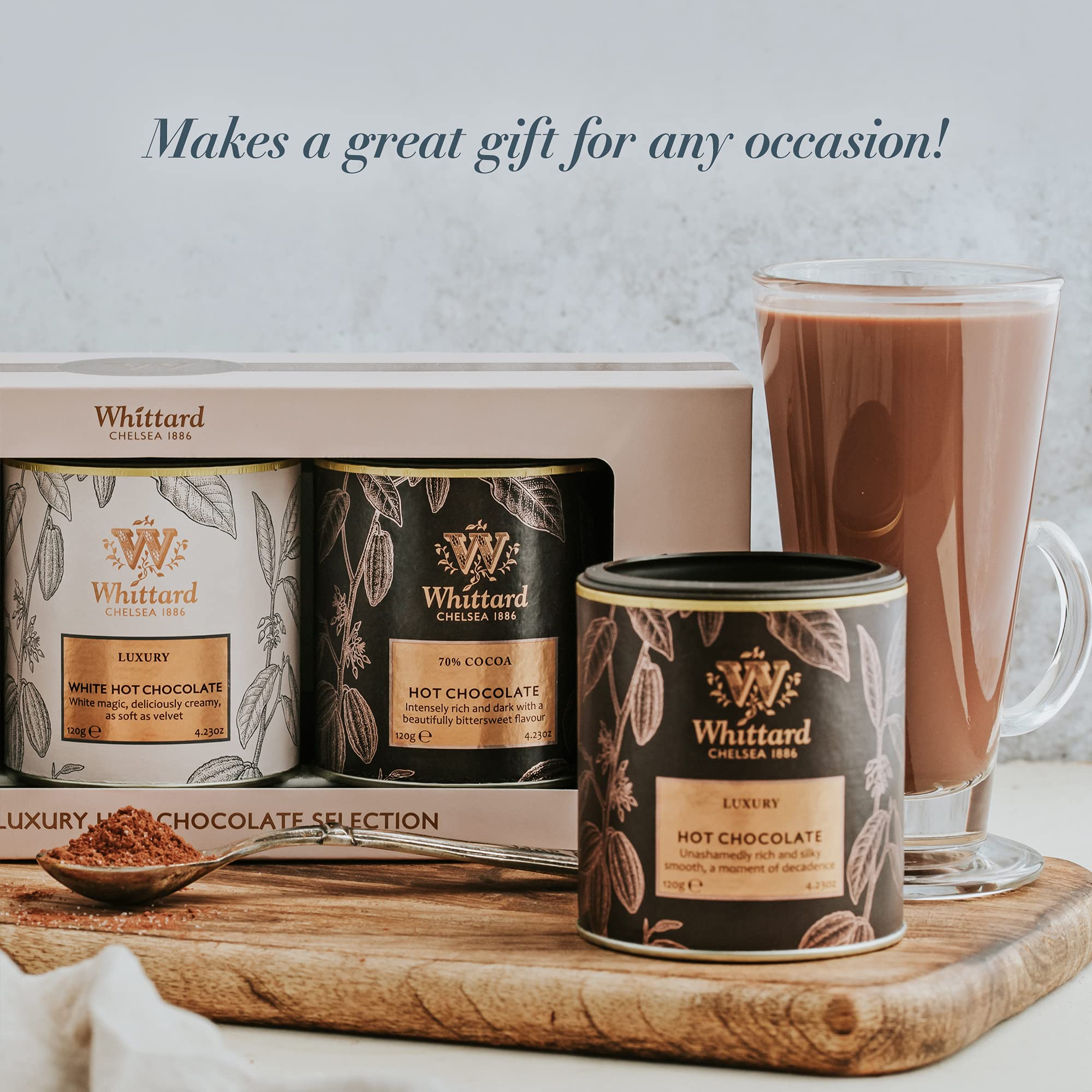 Whittard of Chelsea Premium Hot Chocolate Mix - Gourmet Milk, Dark & White Chocolate Cocoa Powder for Baking & Desserts, Vegetarian-Friendly (3 Flavors, 1 Count) - Perfect for Cozy Nights, Holiday Gifts & Hot Cocoa Bars