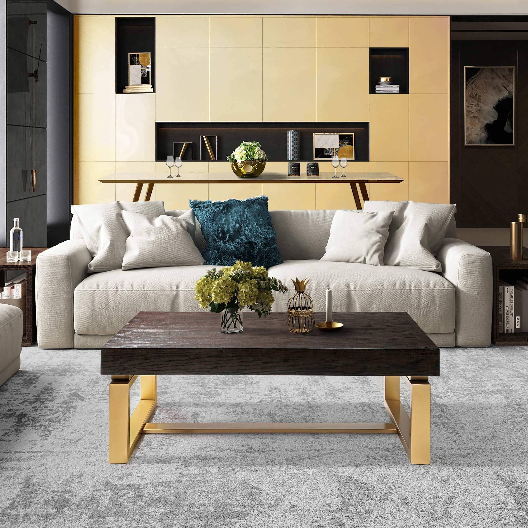 KSANA Industrial Wood Coffee Table - Rustic Gold Farmhouse Style Living Room Table with Easy Assembly, Dark Brown Finish - Perfect for Modern Farmhouse, Industrial Loft & Cozy Home Decor