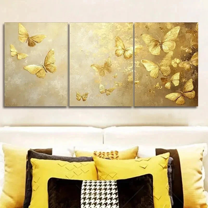 3-Piece Gold Leaf Butterfly Oil Painting Wall Art Set - Framed Canvas 50x70cm - High Quality Print - 100% Australian Made - Ready to Hang - Perfect for Living Room, Bedroom & Office Decor