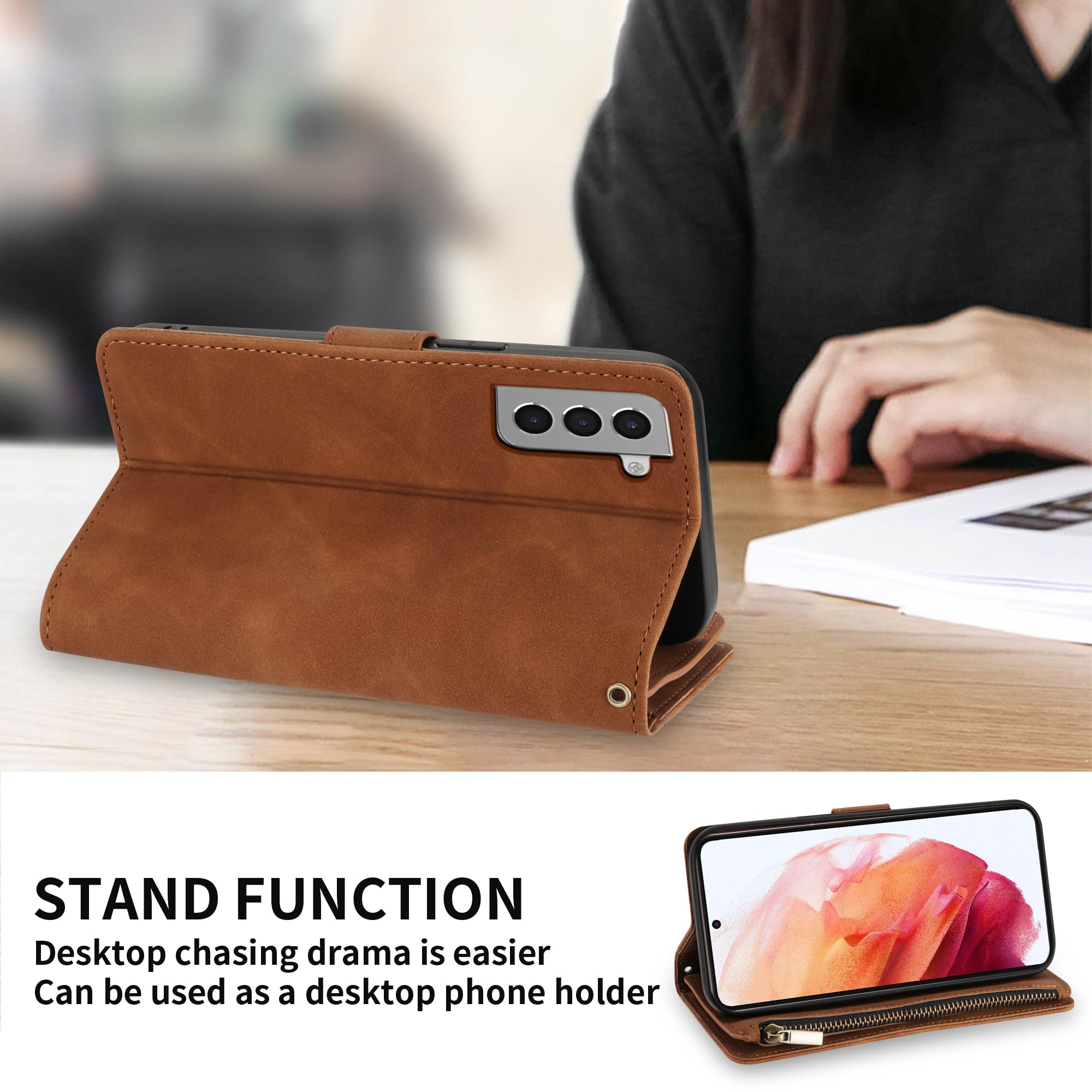 Premium Soft PU Leather Wallet Case for Samsung Galaxy S21 (6.2 inch) - Card Slot, Zipper Flip Folio, Wrist Strap & Kickstand | Protective Cover for Everyday Use, Travel & Business Meetings (Brown)