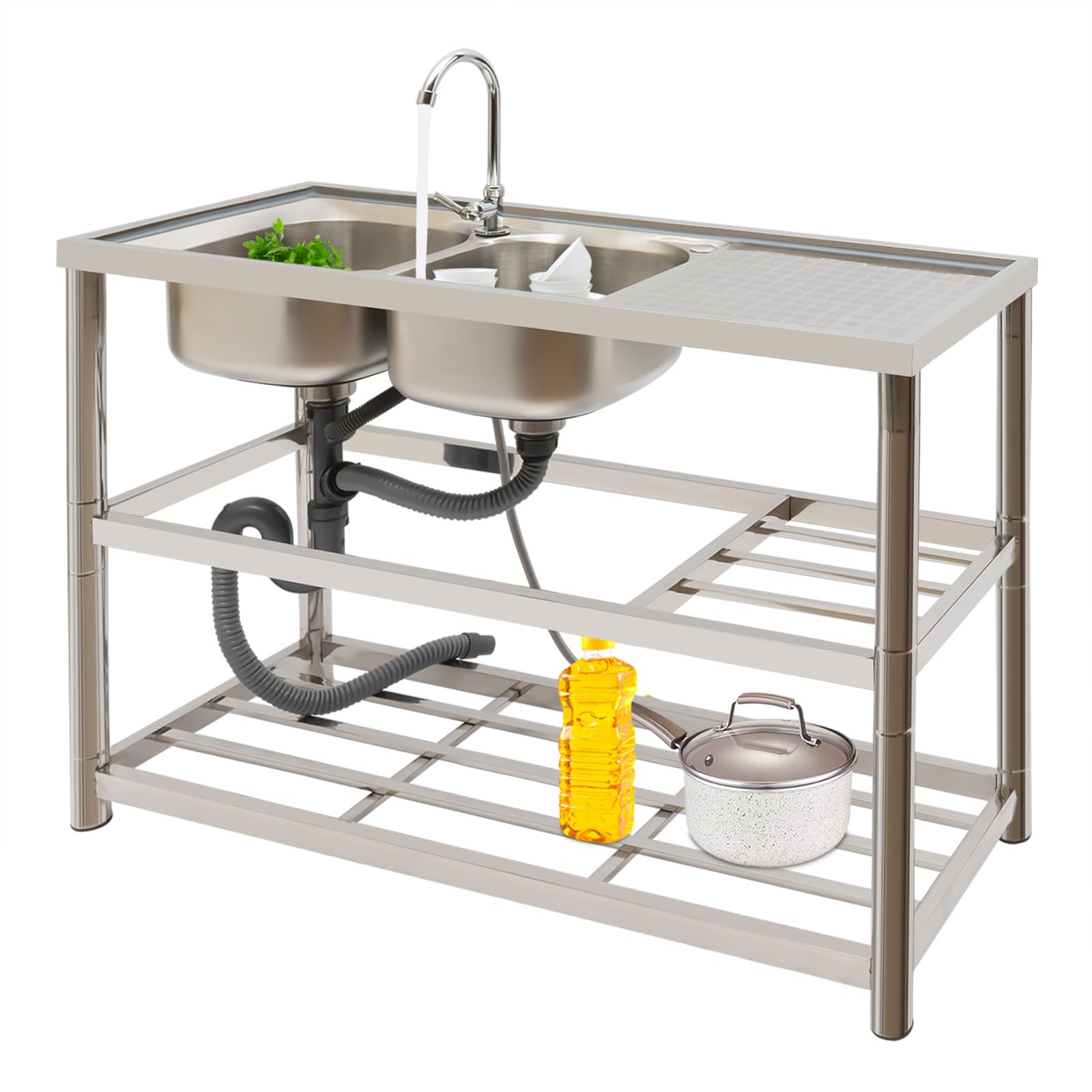 Stainless Steel Commercial Sink 2 Compartment Double Bowl with Prep Table - Heavy Duty Restaurant Kitchen Sink Set for Washing Dishes, Fruits & Vegetables - Free Standing Large Silver Sink for Commercial Kitchens, Food Prep Areas & Cafeterias