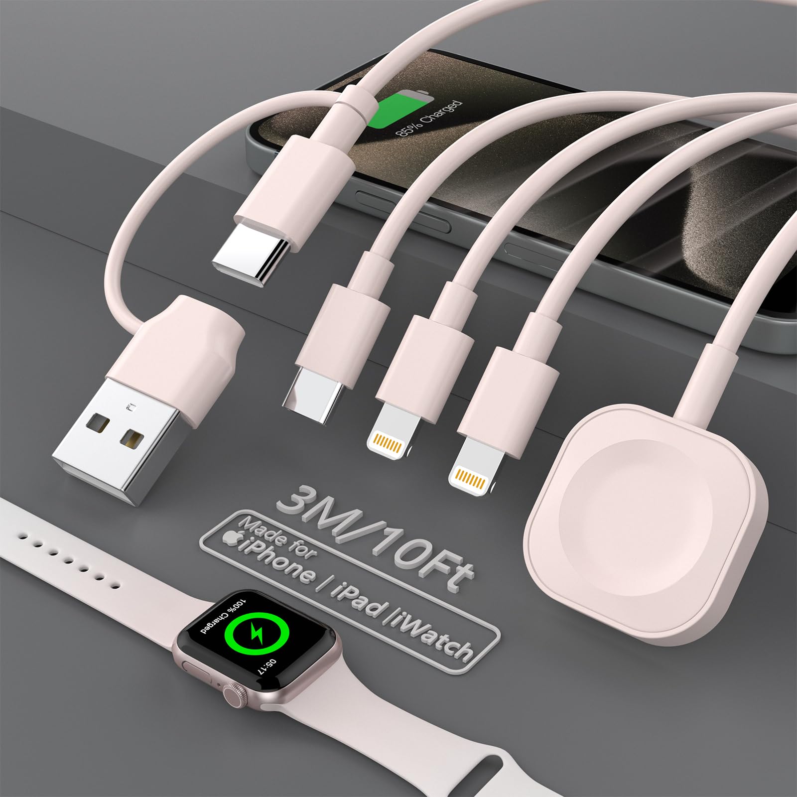 MFi Certified 4-in-1 Apple Charger Cable - 10FT/3M Fast Charging Cord for iPhone, Apple Watch & AirPods | Travel & Home Use Charging Solution for Multiple Apple Devices