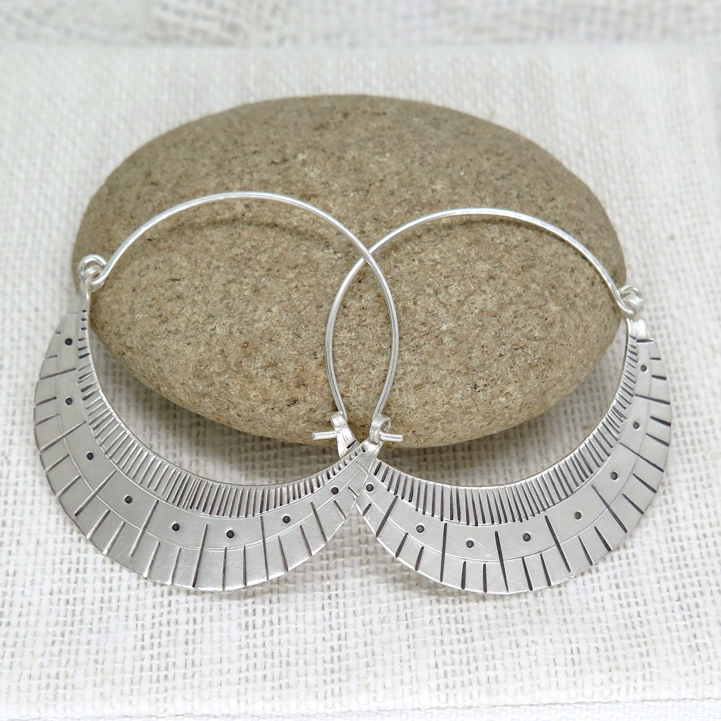 Handmade Sterling Silver Large Boho Statement Crescent Moon Hoop Earrings with Geometric Pattern Engraving | Unique Boho Chic Jewelry for Women | Perfect for Festivals, Parties & Everyday Wear