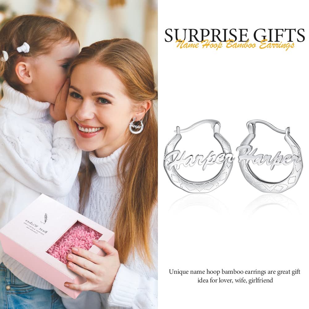 Personalized Bamboo Hoop Earrings with Custom Name - Big Oversized Hip Hop Earrings for Women, Wife, Mom, Daughter, Sister - Perfect for Birthday Parties, Graduation Gifts & Everyday Fashion Accessories