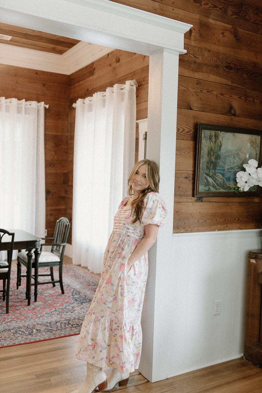 Elegant Pink Floral Print Puff Sleeve Midi Dress for Women - Perfect for Spring Weddings, Garden Parties & Date Nights
