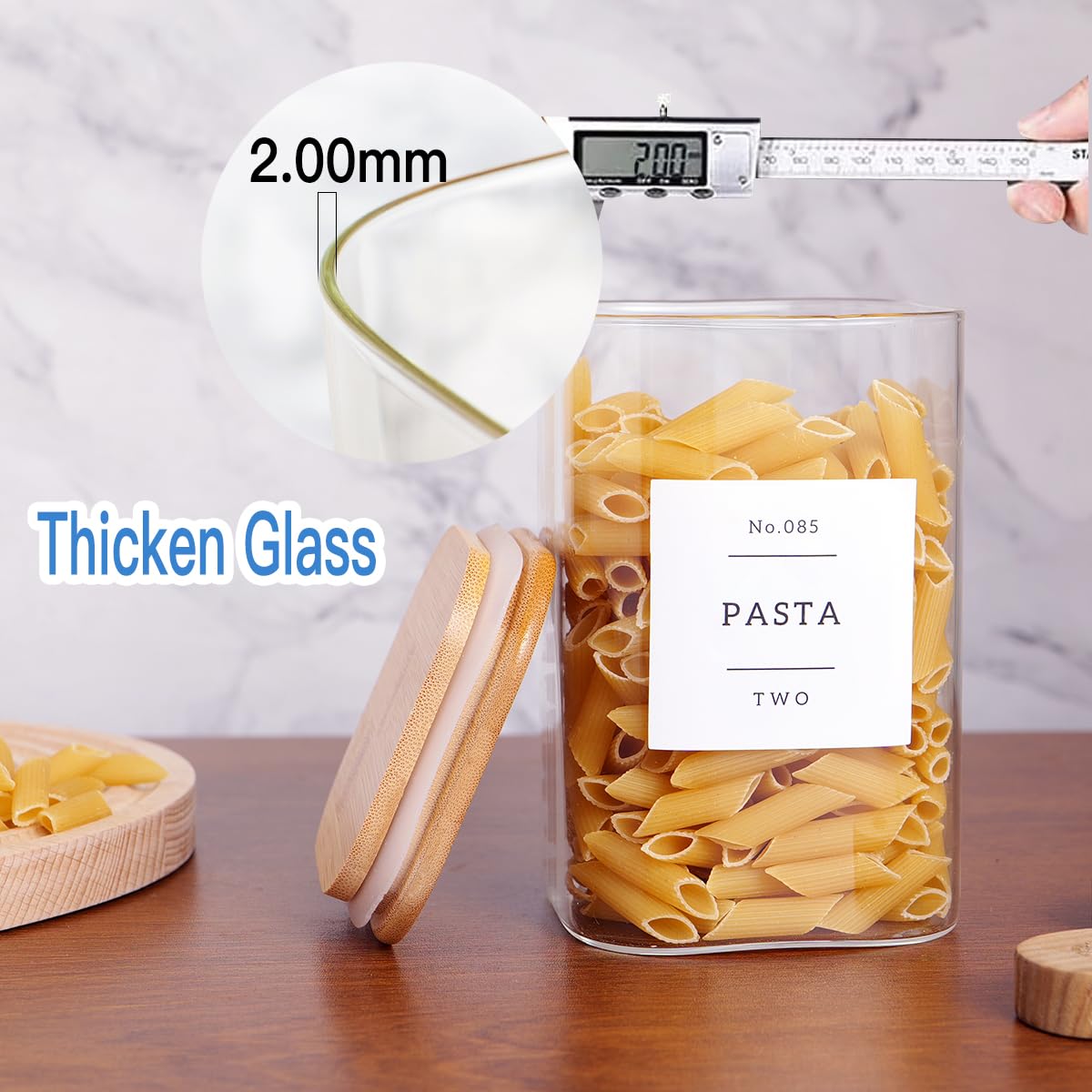 6-Pack 35oz Square Glass Food Storage Jars with Airtight Bamboo Lids & 132 Pantry Labels - Kitchen Canisters for Coffee, Tea, Spices, Cookies - Perfect for Pantry Organization & Home Decor