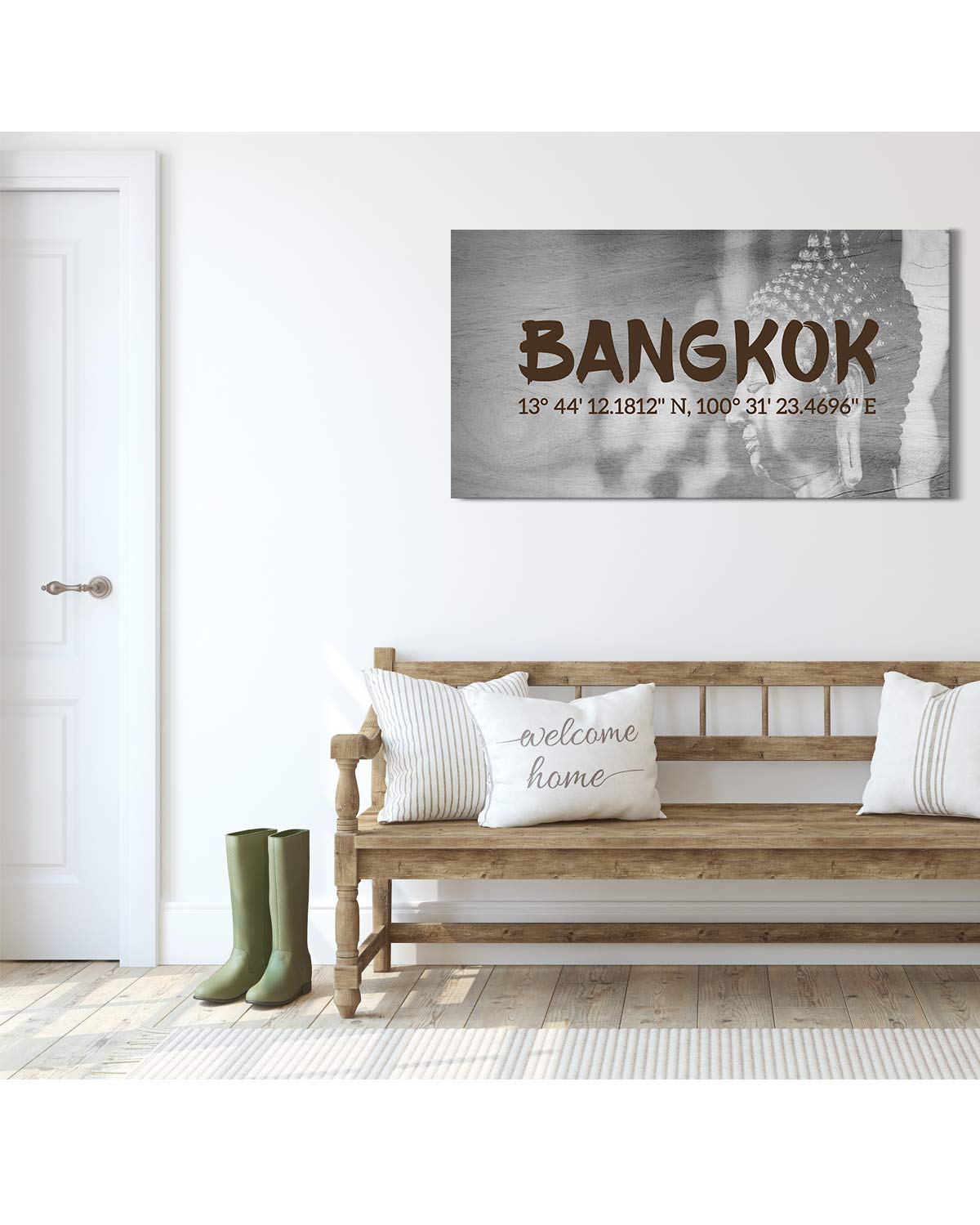 Bangkok Thailand Longitude Latitude Home Decor - Farmhouse Canvas Wall Art with GPS Coordinates - Buddha Wall Art - Unique Gift for Women & Men - 60x30 Ready to Hang Canvas - Perfect for Living Room, Bedroom & Office Decor