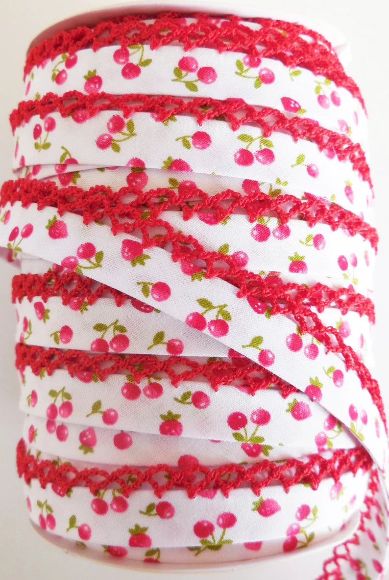 Double Fold Red Crochet Edge Lace Bias Tape - Cherry & Strawberry Design on White Fabric (Sold by the Yard) | Perfect for Sewing, Quilting, DIY Crafts & Clothing Embellishments