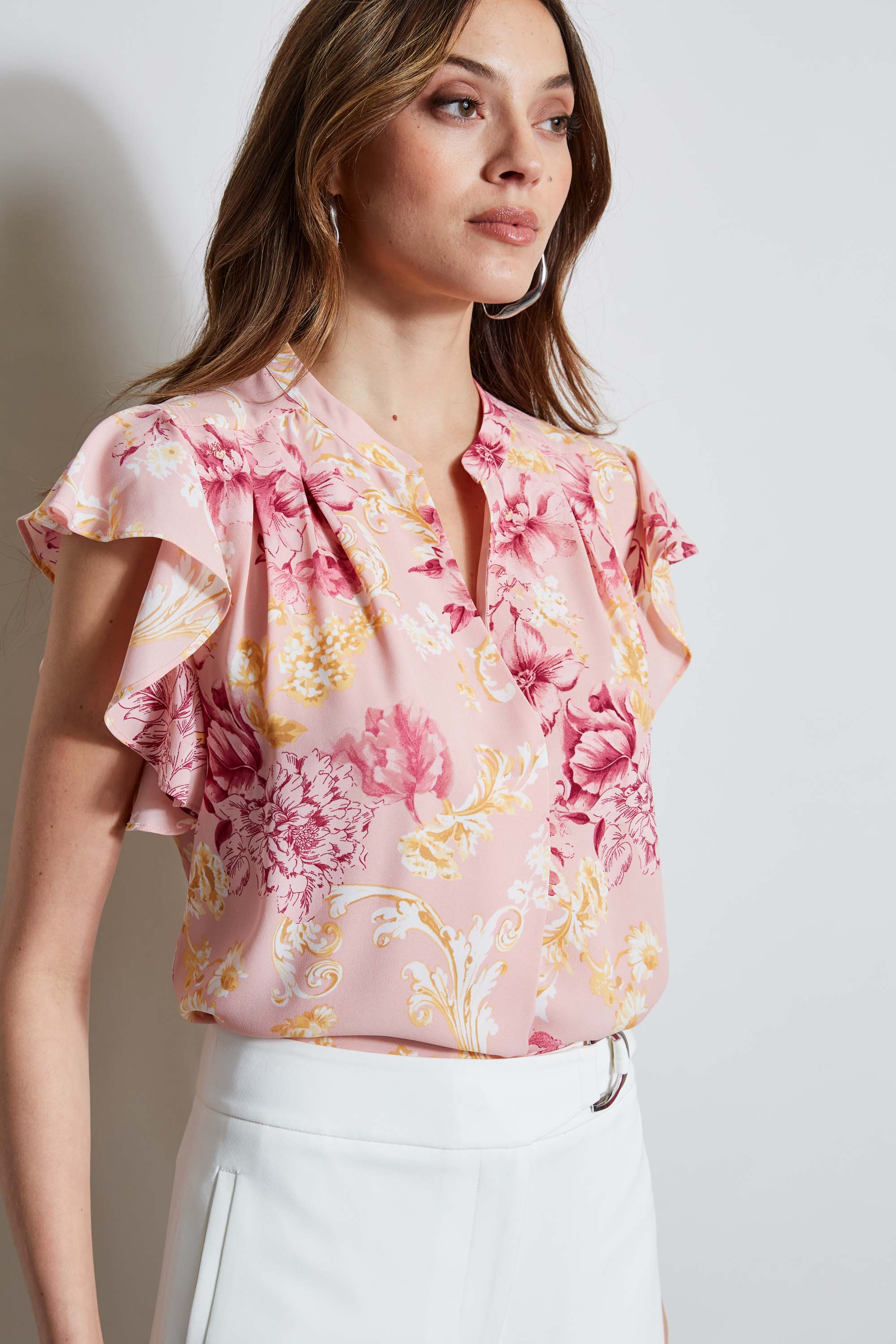 T Tahari Garden Flutter Sleeve Blouse - Women's Flowy Boho Top with Ruffle Details for Spring & Summer | Perfect for Casual Outings, Office Wear & Date Nights