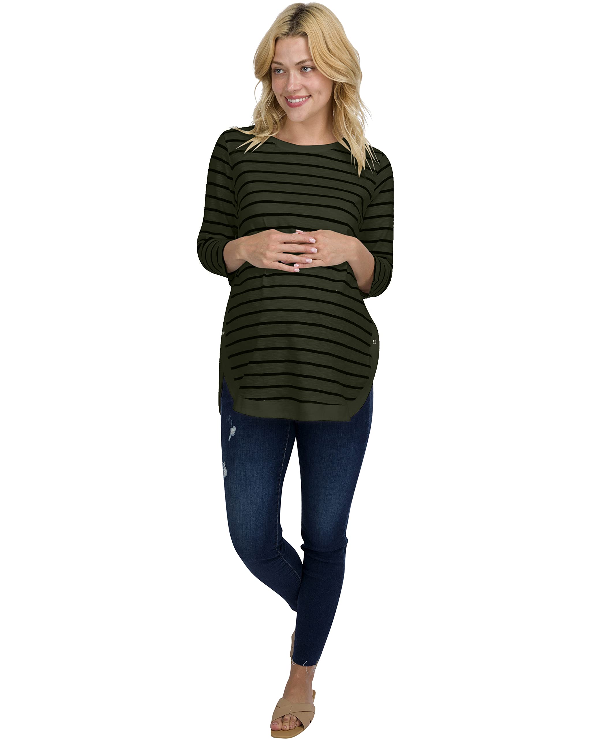 Striped Side-Button Maternity Nursing Long Sleeve Top - Lightweight Pregnancy Shirt & Blouse for Office Work - Comfortable Professional Wear for Expecting Mothers