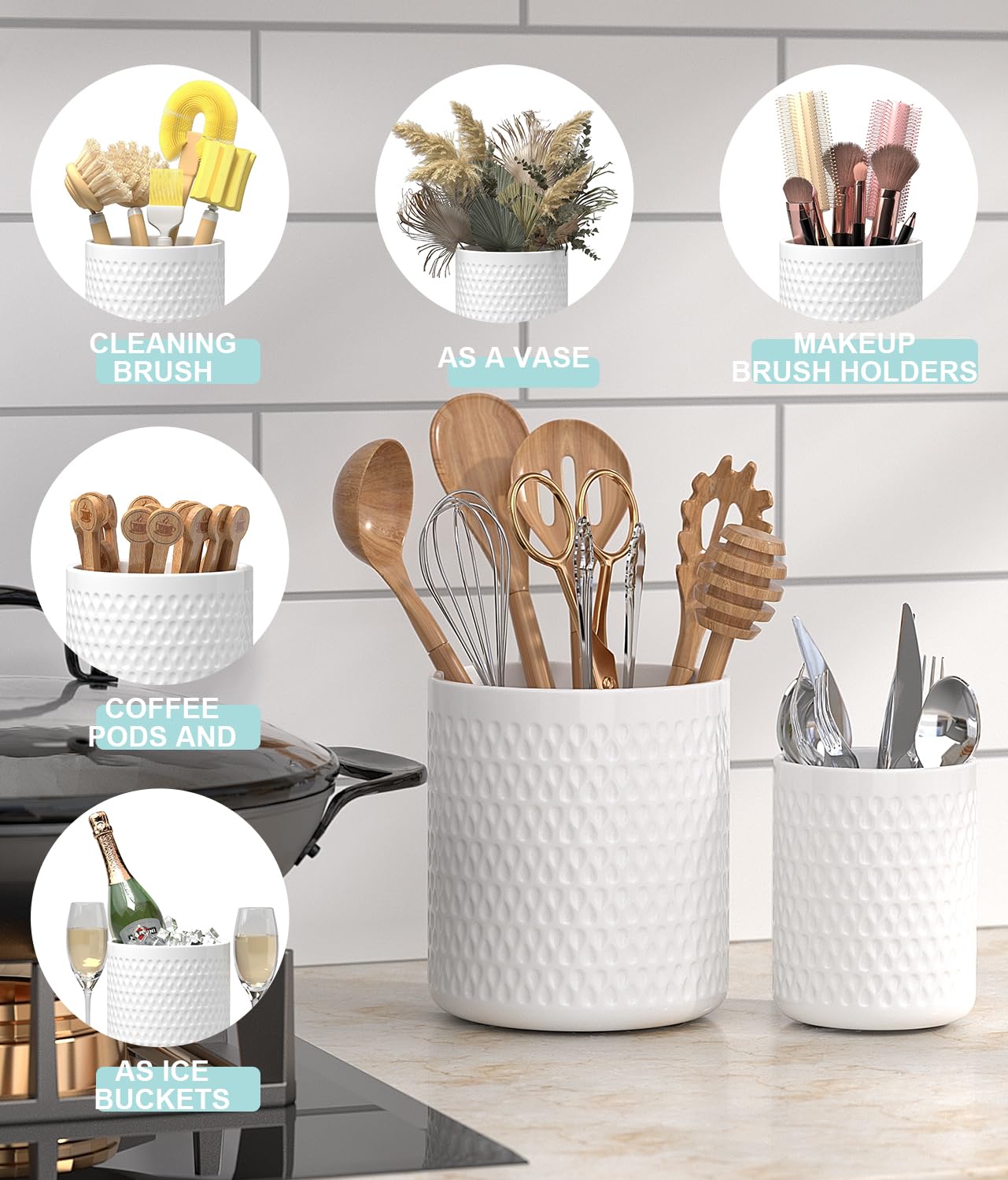 2-Pack Ceramic Kitchen Utensil Holder - Farmhouse Style Countertop Organizer for Spoons, Spatulas & Cooking Tools | Perfect for Kitchen Counter Storage & Farmhouse Decor
