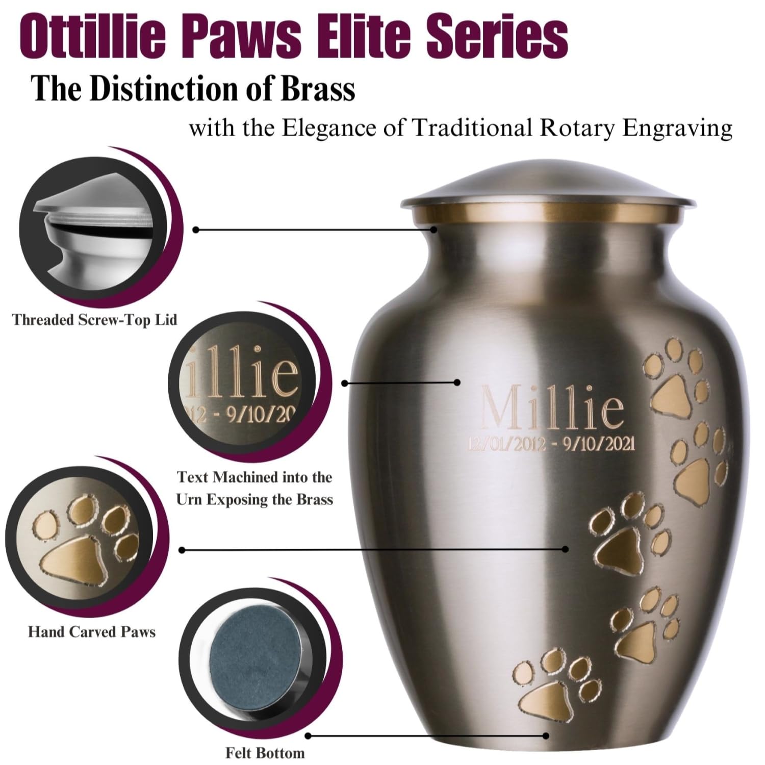 Ottillie Paws Elite Series Personalized Pet Urn for Dogs and Cats - Custom Engraved Brass Memorial Urn, Vertical Ebony Medium - Perfect for Home Memorials and Pet Keepsakes