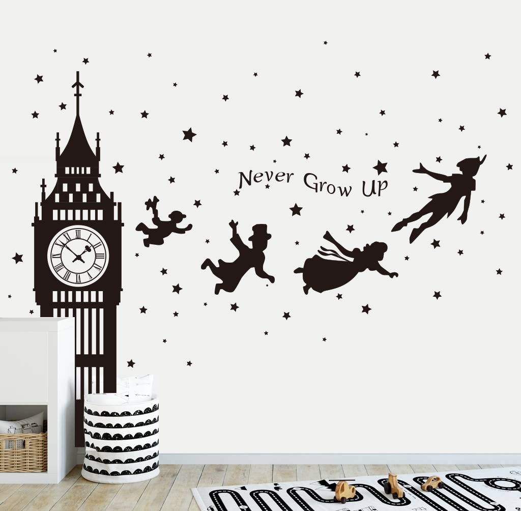 Runtoo Peter Pan Wall Decals - Big Ben Clock & Never Grow Up Quote Stickers for Nursery, Kids Bedroom Decor (Black) | Perfect for Baby Rooms, Children's Play Areas & Themed Wall Art