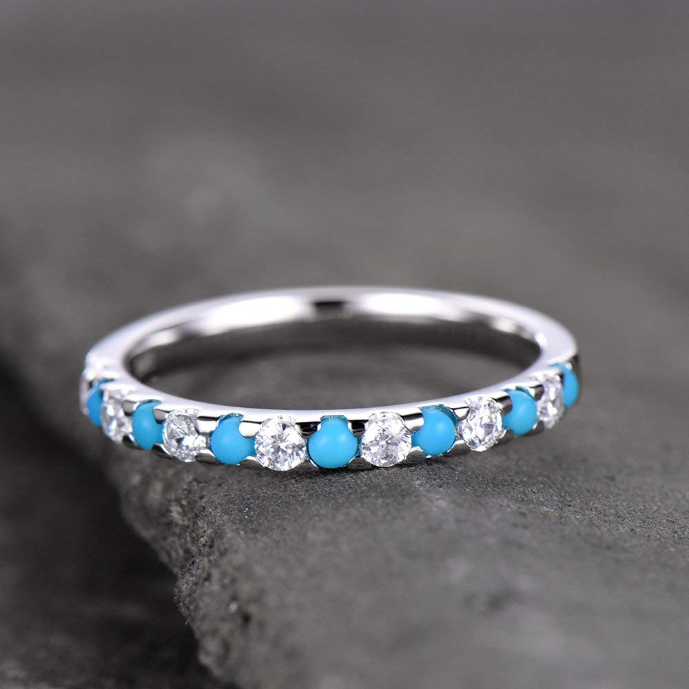 Turquoise Half Eternity Wedding Band - Sterling Silver CZ Diamond Anniversary Ring (White Gold Plated) - Perfect for Bridal Jewelry, Engagement Gift & Matching Wedding Sets
