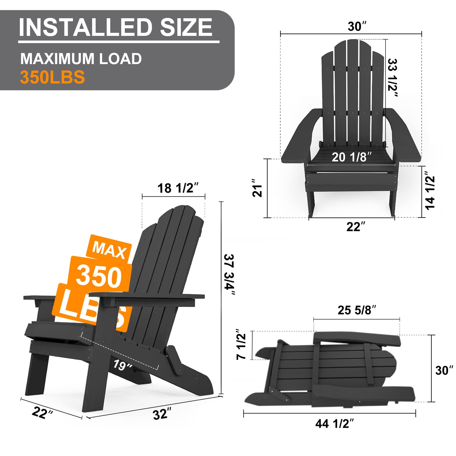 MXIMU Folding Plastic Adirondack Chair and Table Set - 2-Piece Outdoor Furniture for Patio, Garden, Poolside & Beach - Lightweight Foldable Lawn Chairs with Fire Pit Seating - Perfect for Backyard, Balcony, and Camping (Black)
