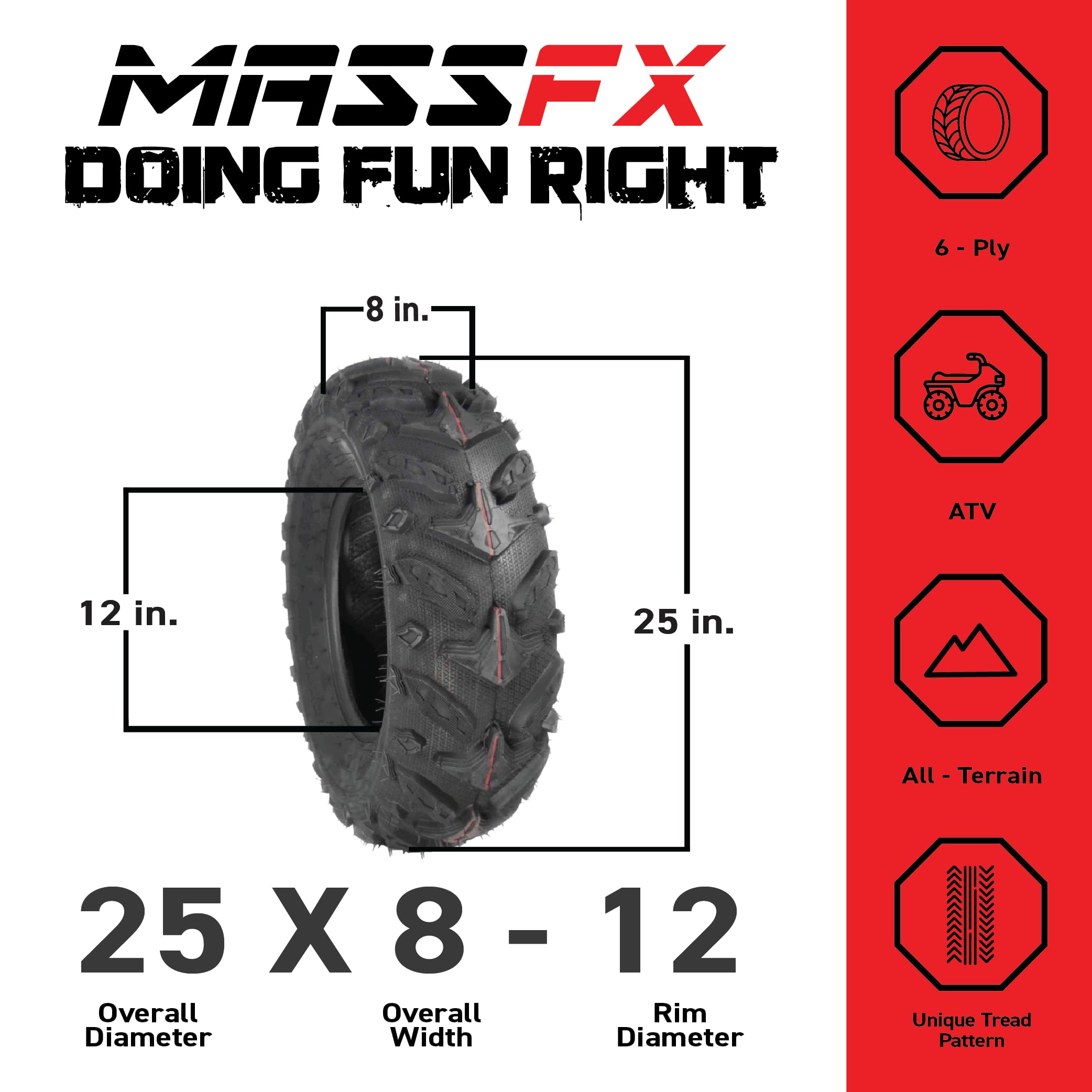 MASSFX Grinder 25x8-12 Front ATV Tire - 6-Ply Heavy Duty, Chip & Tear Resistant, Micro Tread Technology for Soft & Hard Terrain - Perfect for Off-Road Trails, Mud Riding & All-Terrain Adventures