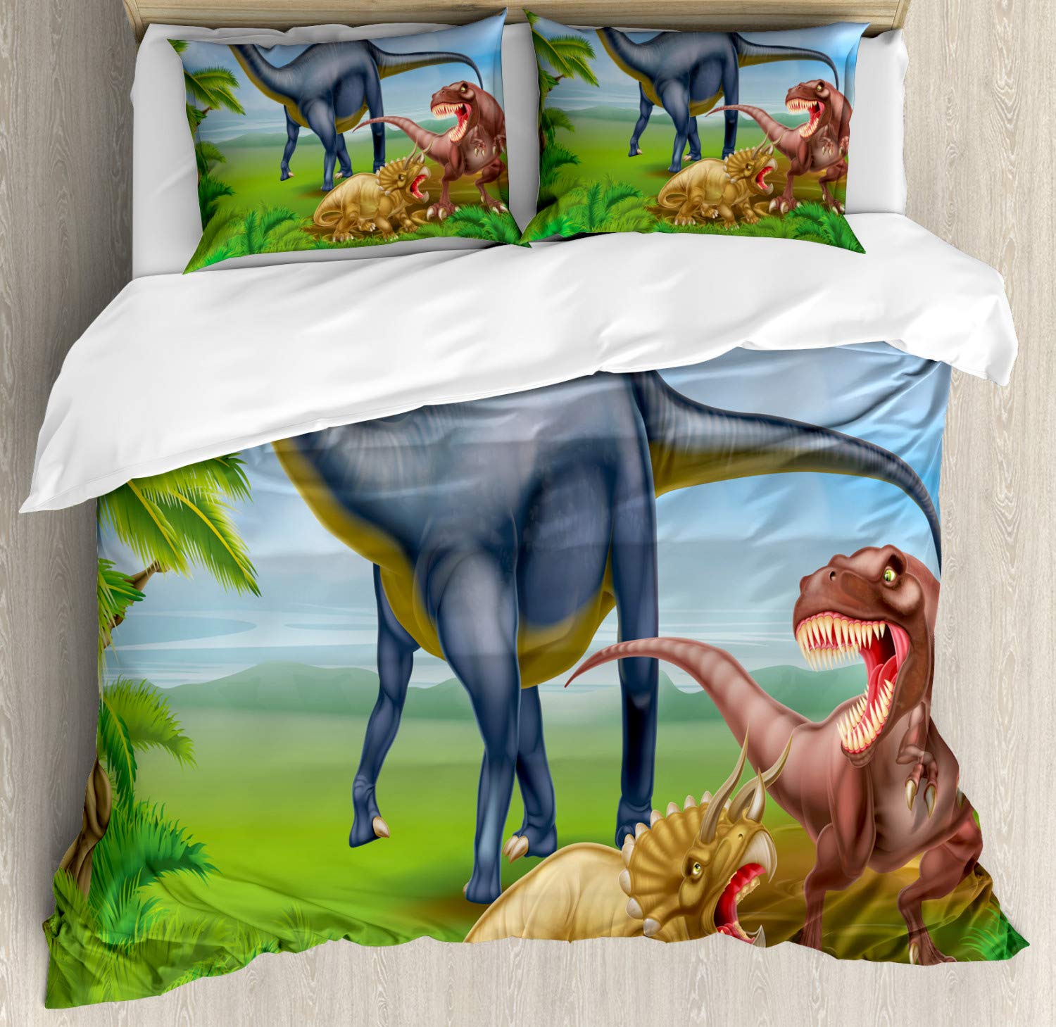 Ambesonne Dinosaur Duvet Cover Set - 3 Piece Bedding with 2 Pillow Shams | California King Size | Colorful T-Rex, Triceratops & Jungle Print | Kids Room Decor, Dinosaur Themed Bedroom, Gift for Boys & Girls