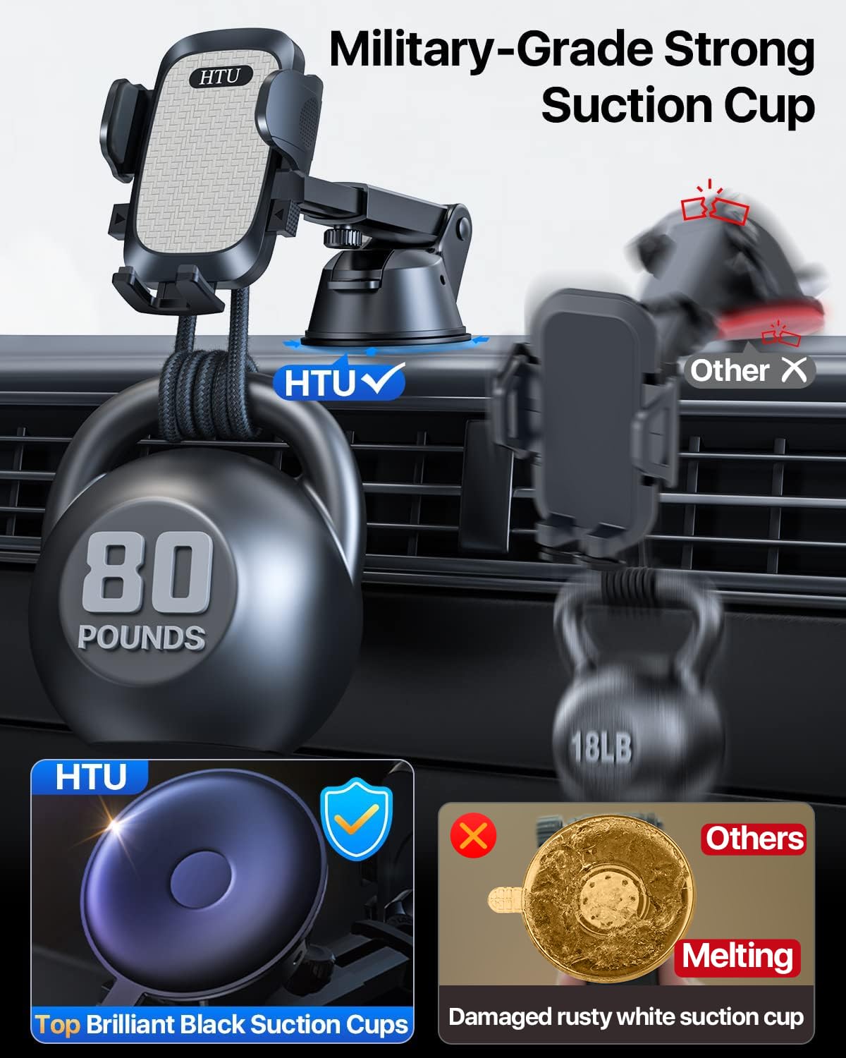 True Military-Grade Car Phone Mount Holder - Ultra Strong Suction Cup & Secure Clip - Universal Dashboard Windshield Air Vent Phone Stand for iPhone 15 14 13 Pro Max Samsung Galaxy - Perfect for Road Trips & Daily Commuting (Grey)