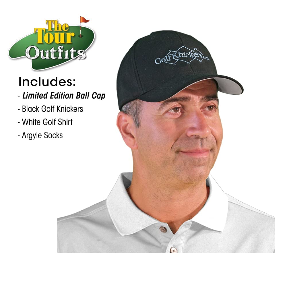 Men's Fashion Outfit Set - Black Microfiber Limited Edition Baseball Cap, Over-The-Calf Argyle Socks & White Golf Polo Shirt | Perfect for Golf, Casual Wear & Street Style