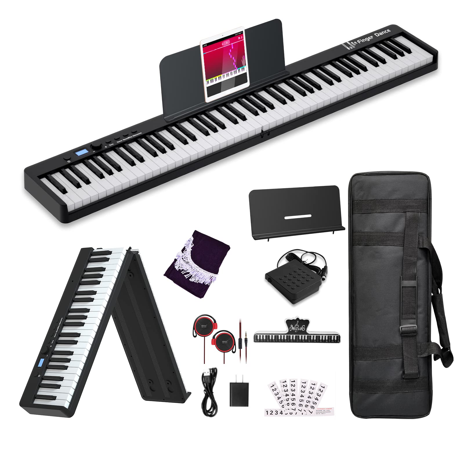 88-Key Portable Digital Piano with Bluetooth MIDI - Full Size Wood Grain Touch Sensitive Folding Keyboard with Stand for Beginners | Perfect for Home Practice, Stage Performance & Music Composition (Deep Black)