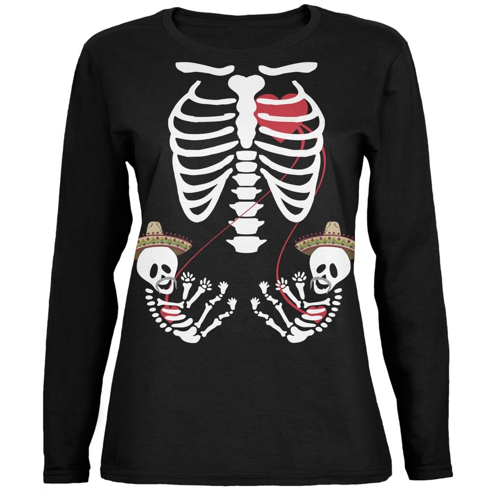 Mexican Day of the Dead Twin Baby Skeletons Black Long Sleeve T-Shirt for Women - Large Size | Cinco de Mayo Costume, Halloween Outfit & Gothic Fashion