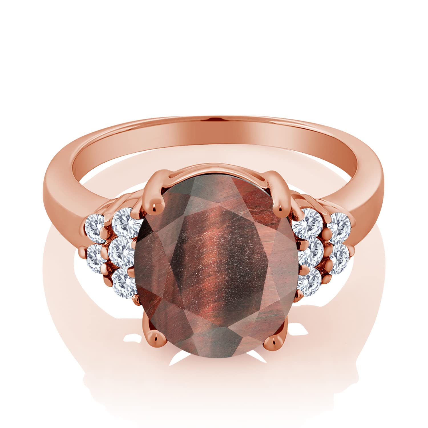 18K Rose Gold Plated Silver Ring with Oval Red Tiger Eye & Moissanite (4.38 Cttw) - Gem Stone King | Elegant Jewelry for Women, Perfect Gift for Anniversary, Birthday & Special Occasions