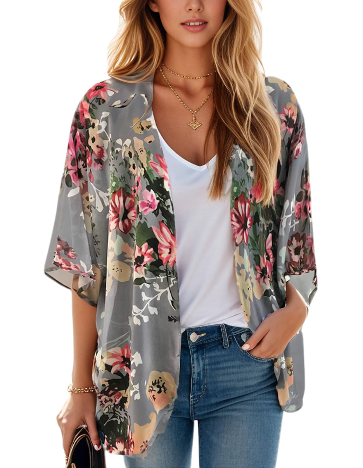 Women's Floral Print Puff Sleeve Kimono Cardigan - Lightweight Loose Cover Up Blouse for Spring/Summer - Perfect for Beach, Vacation & Casual Outfits