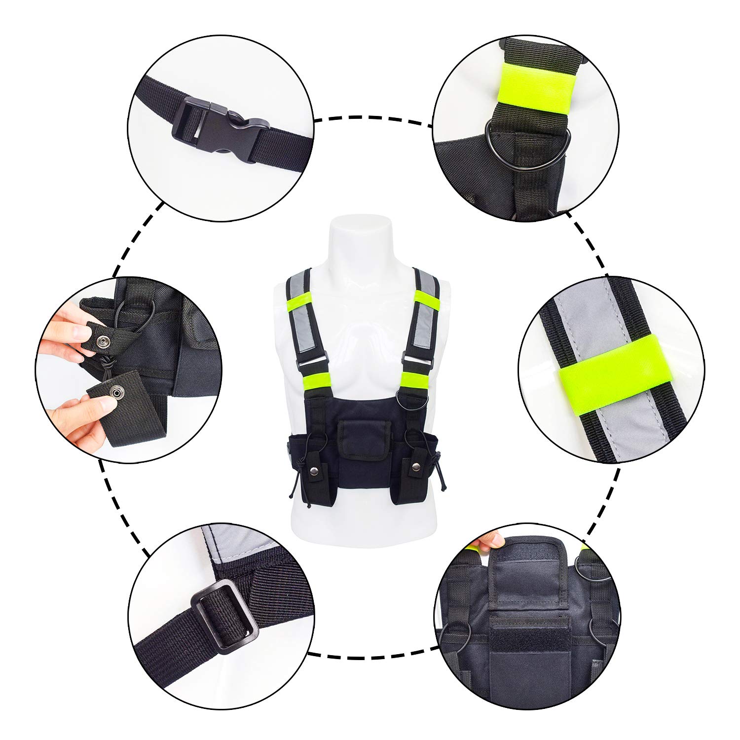 SHADDOCK Universal Yellow Reflective Radio Harness Front Pack Pouch Vest - Chest Bag Carry Case for Two Way Radio & Walkie Talkie - Rescue Essentials Gear for Hiking, Camping & Emergency Situations