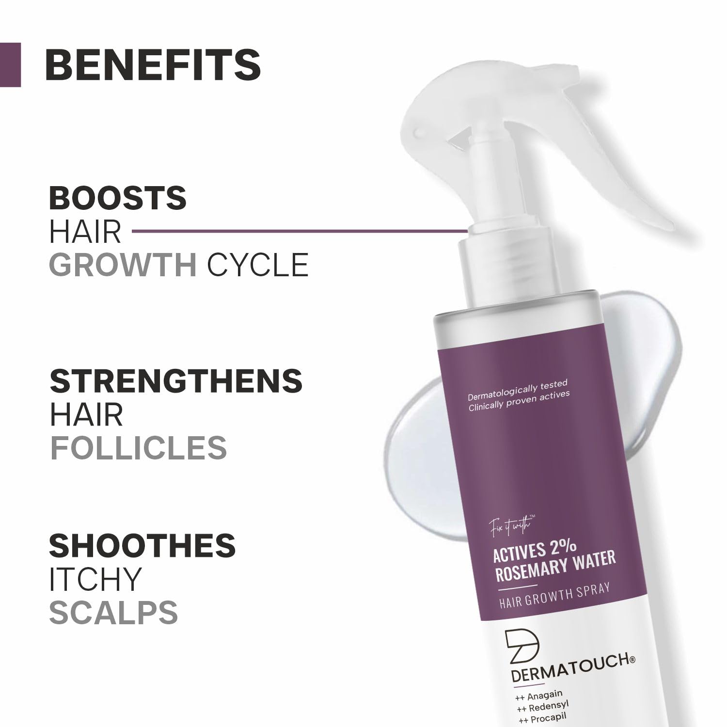 DERMATOUCH Rosemary Water Spray for Hair Growth (200ml) - 2% Active Rosemary, Redensyl, Anagain & Procapil Hair Mist | Reduces Hair Fall, Stimulates Growth, Adds Shine & Strengthens Hair | Perfect for Daily Hair Care, Scalp Treatment & Natural Hair Regrowth