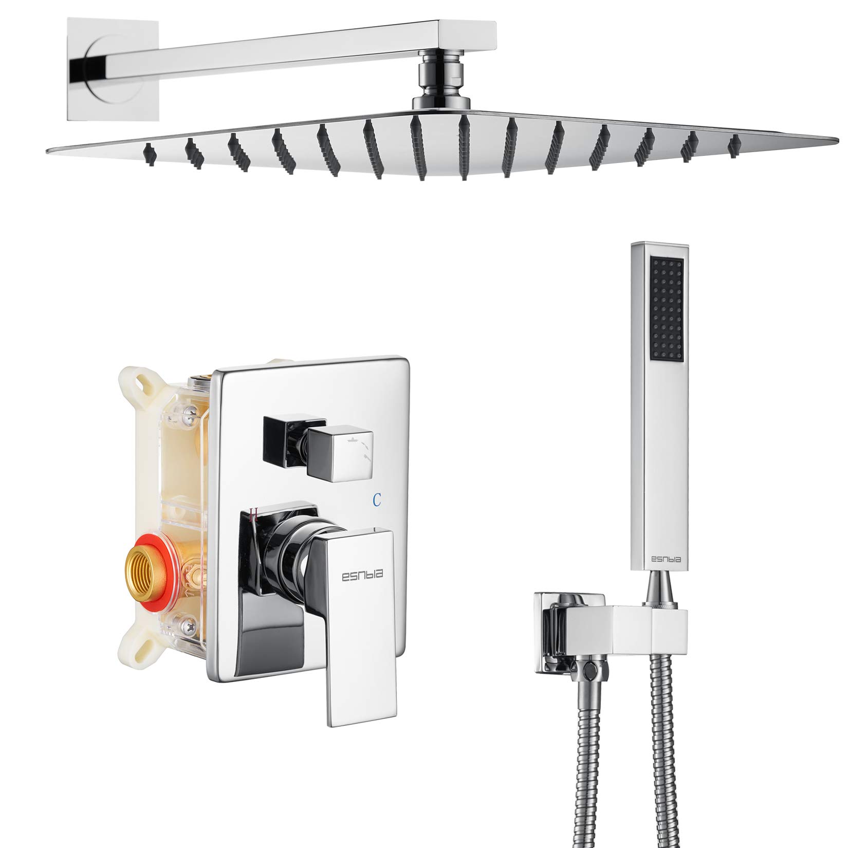 ESNBIA Luxury 12 Inch Rain Shower Head Combo Set - High Pressure Wall Mounted Dual Shower System with Handheld Sprayer, Chrome Shower Faucet with Valve & Trim Kit for Spa-Like Bathroom Experience | Perfect for Master Bathrooms, Guest Suites & Luxury Hotel Renovations