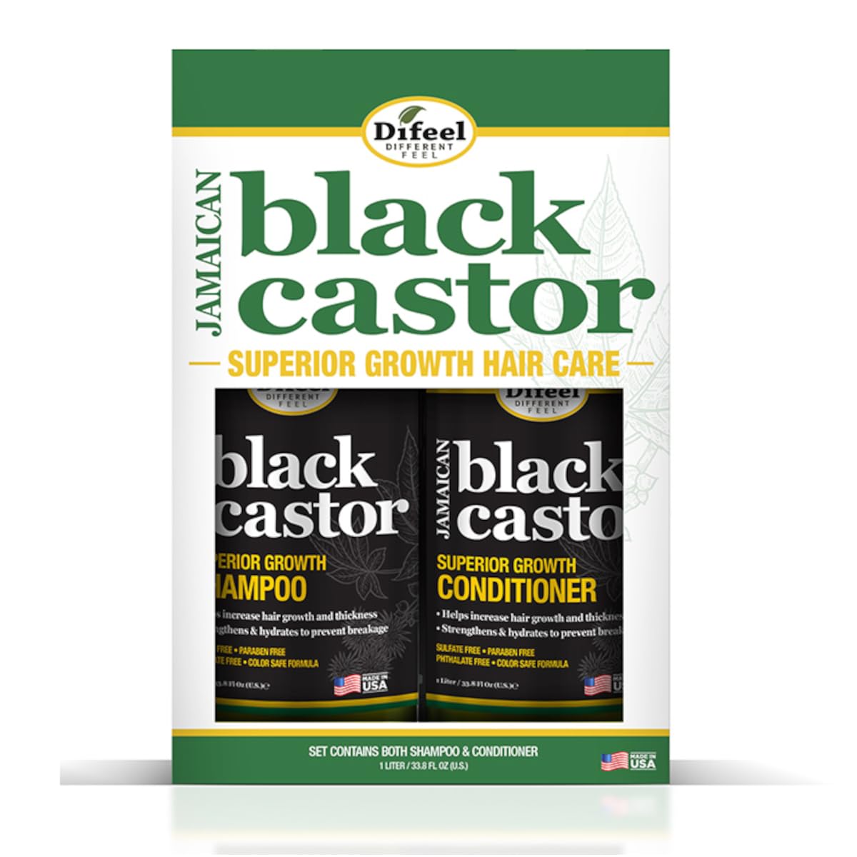 Difeel Jamaican Black Castor Oil Shampoo & Conditioner Set for Hair Growth - Sulfate Free, Paraben Free, 33.8oz Each - Gift Box for Dry, Damaged, Thinning & Frizzy Hair - Perfect for Daily Hair Care & Scalp Nourishment