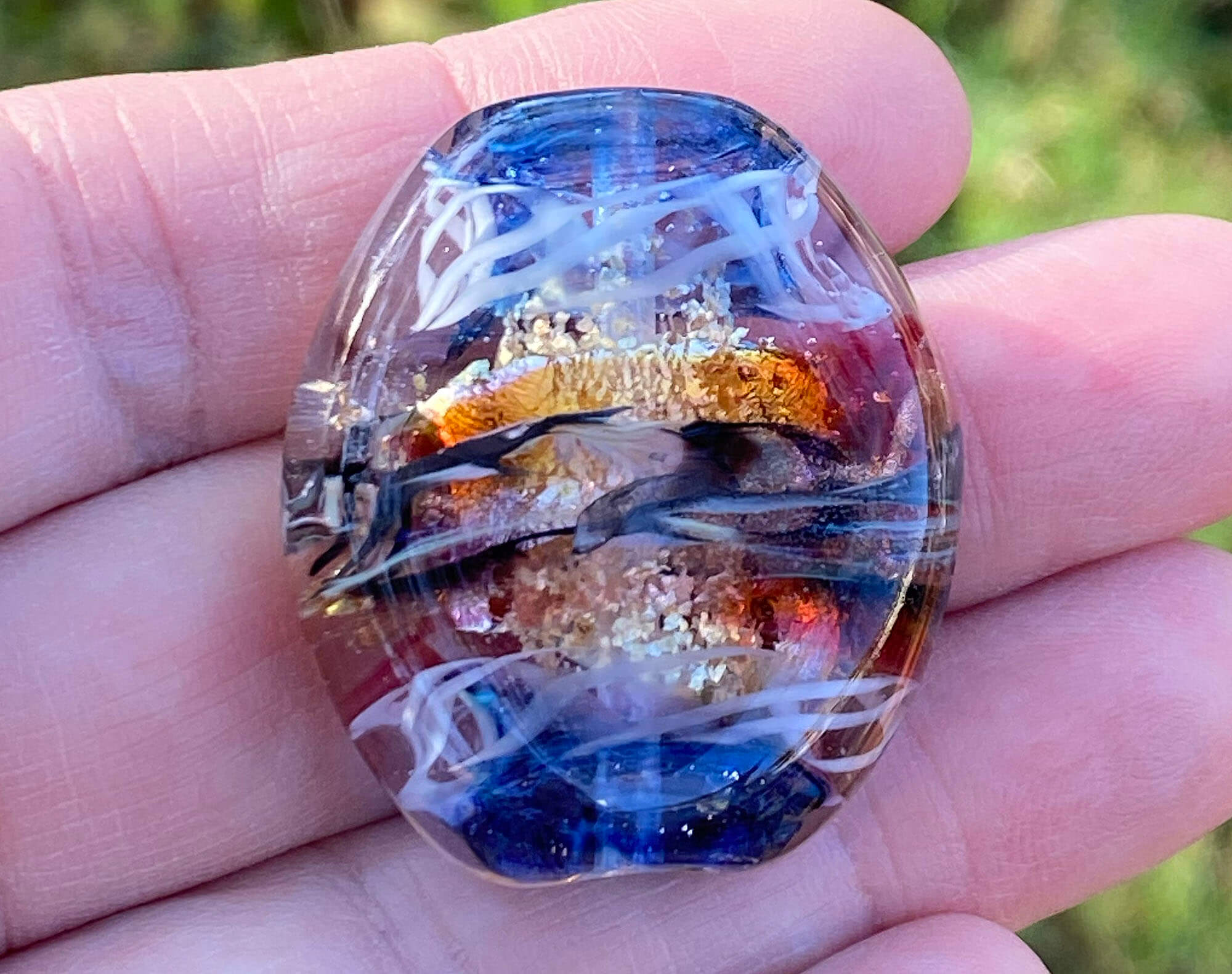 Handmade Blue Gold Treasure Lampwork Glass Focal Bead for Jewelry Making - Perfect for Necklaces, Bracelets, and DIY Craft Projects
