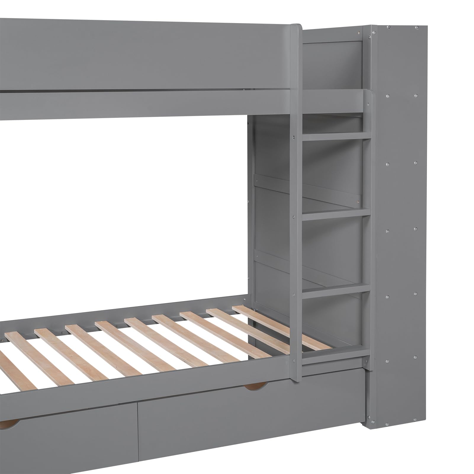 P PURLOVE Twin Over Twin Wooden Bunk Bed with 2 Drawers & Multi-Layer Storage Cabinet - Space-Saving Kids Bunk Bed Frame for Bedrooms, Dorms, and Small Spaces